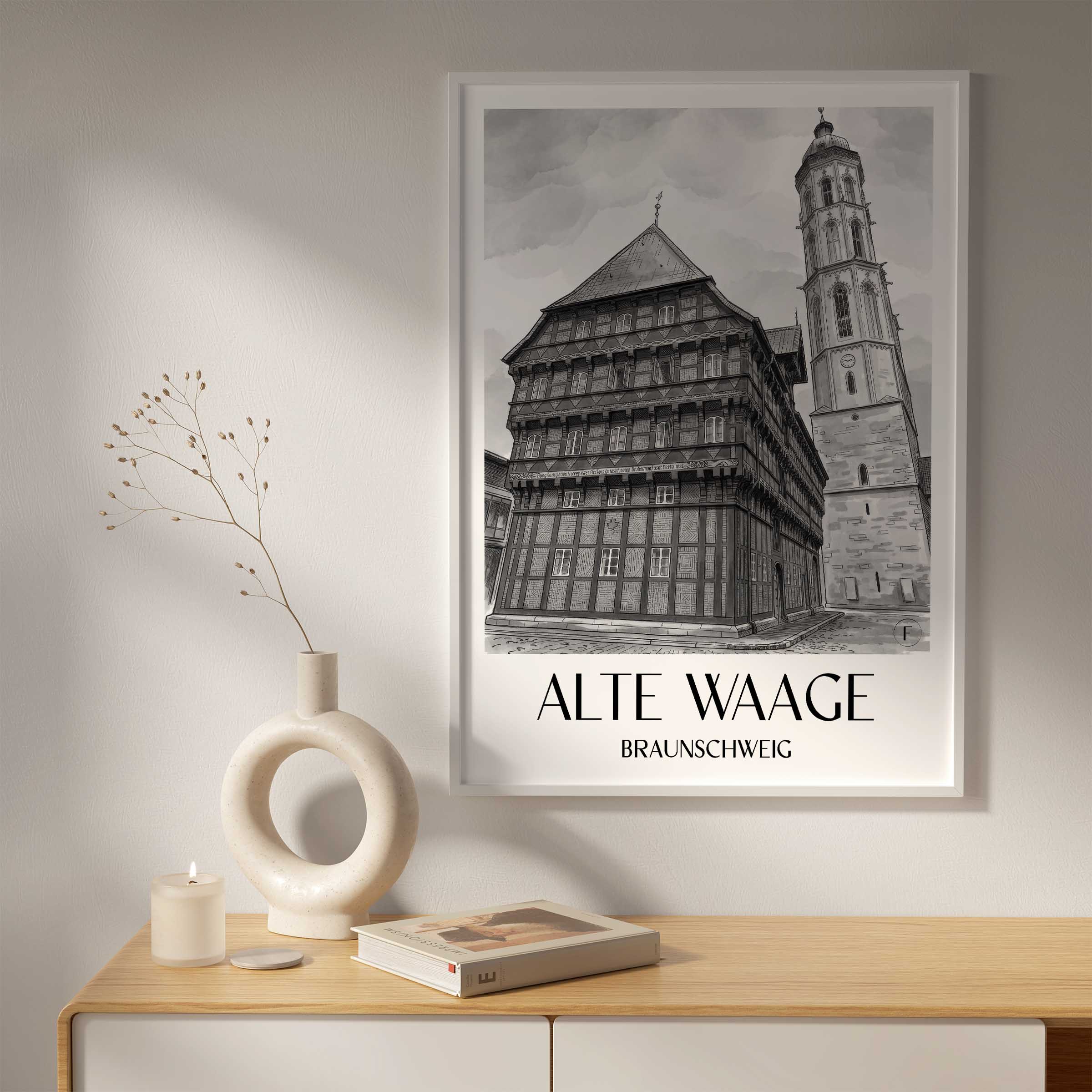 alte-waage-braunschweig-deutschland-poster-aquarell-schwarz-weiss