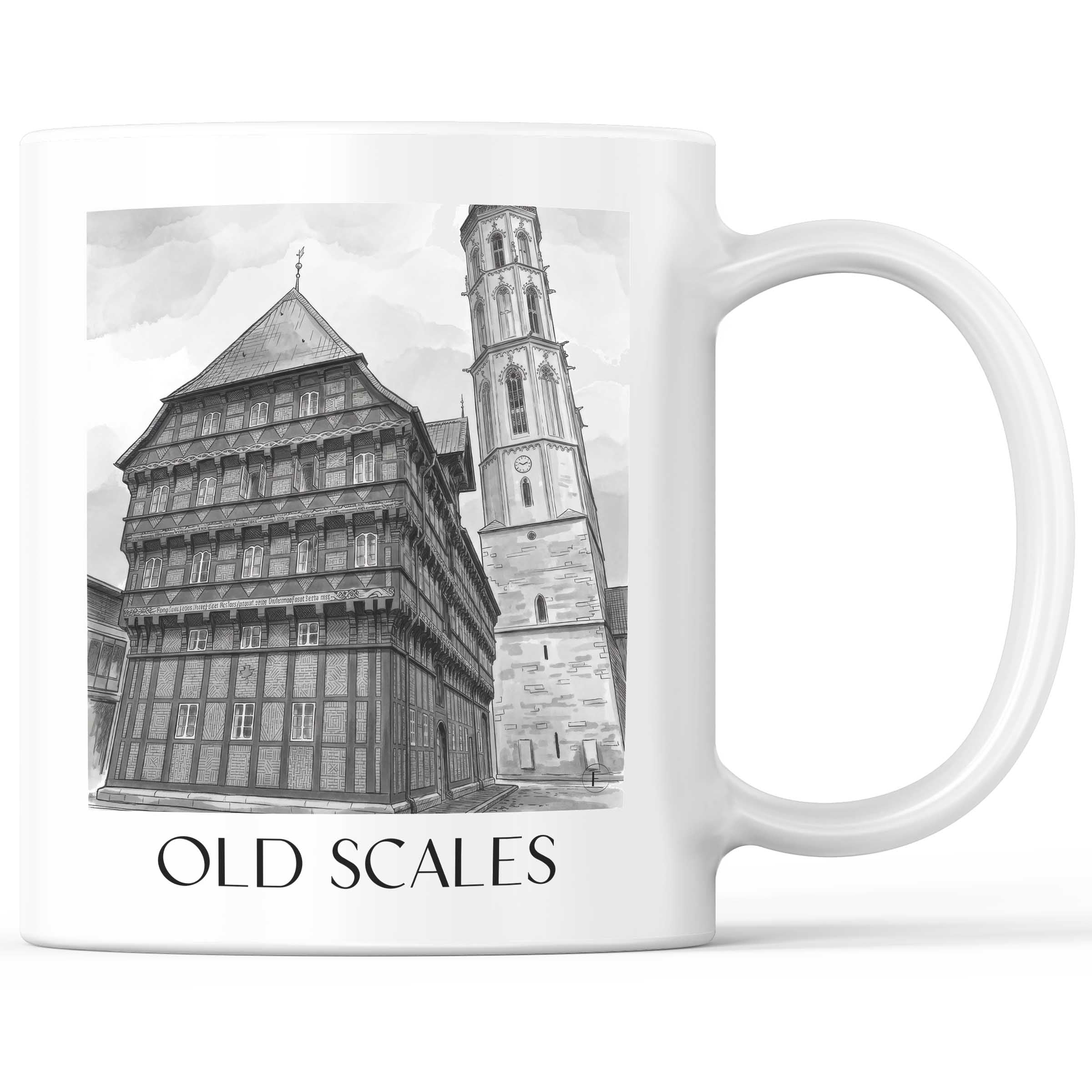 Alte Waage Kaffeebecher - Braunschweig - Deutschland Becher - Kaffeetasse im Aquarell Schwarz-Weiß Stil