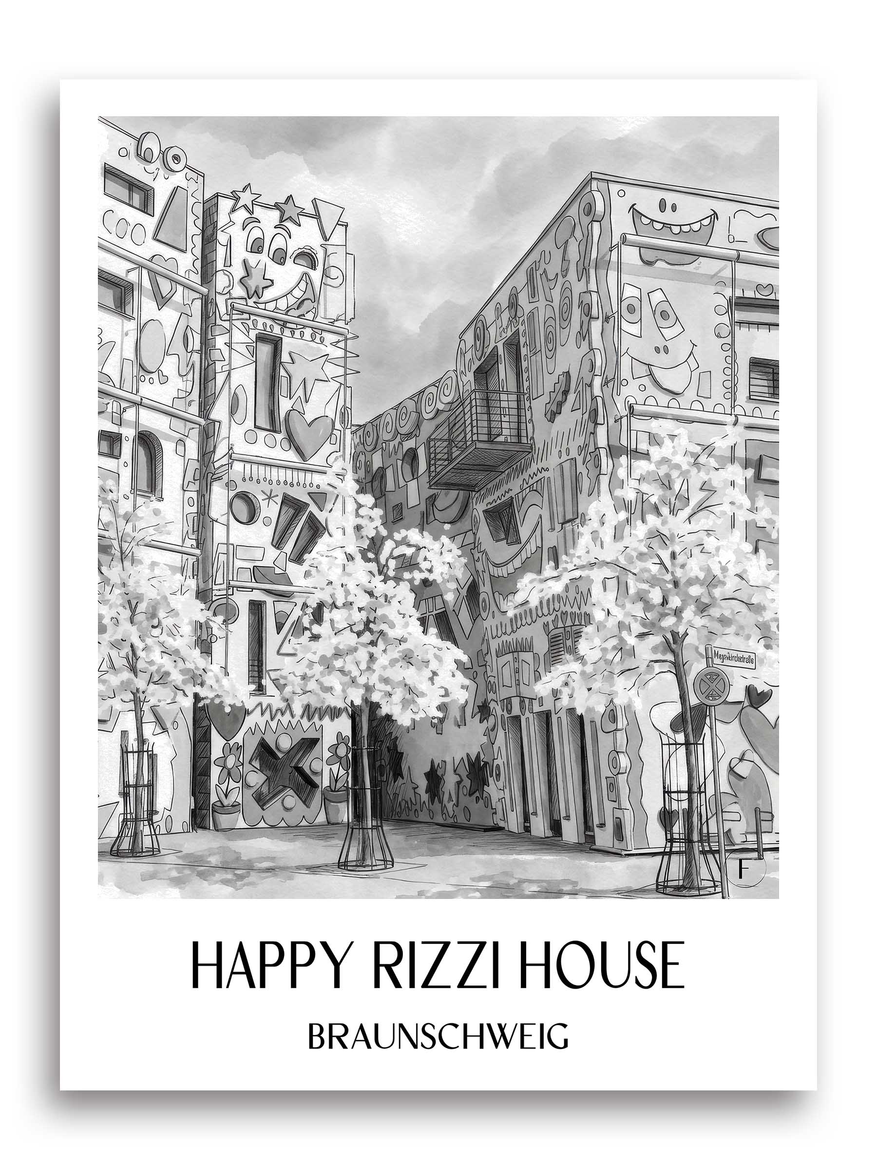 Happy Rizzi House Poster - Braunschweig - Deutschland Kunstdruck - Aquarell Schwarz-Weiß von A4 bis A1