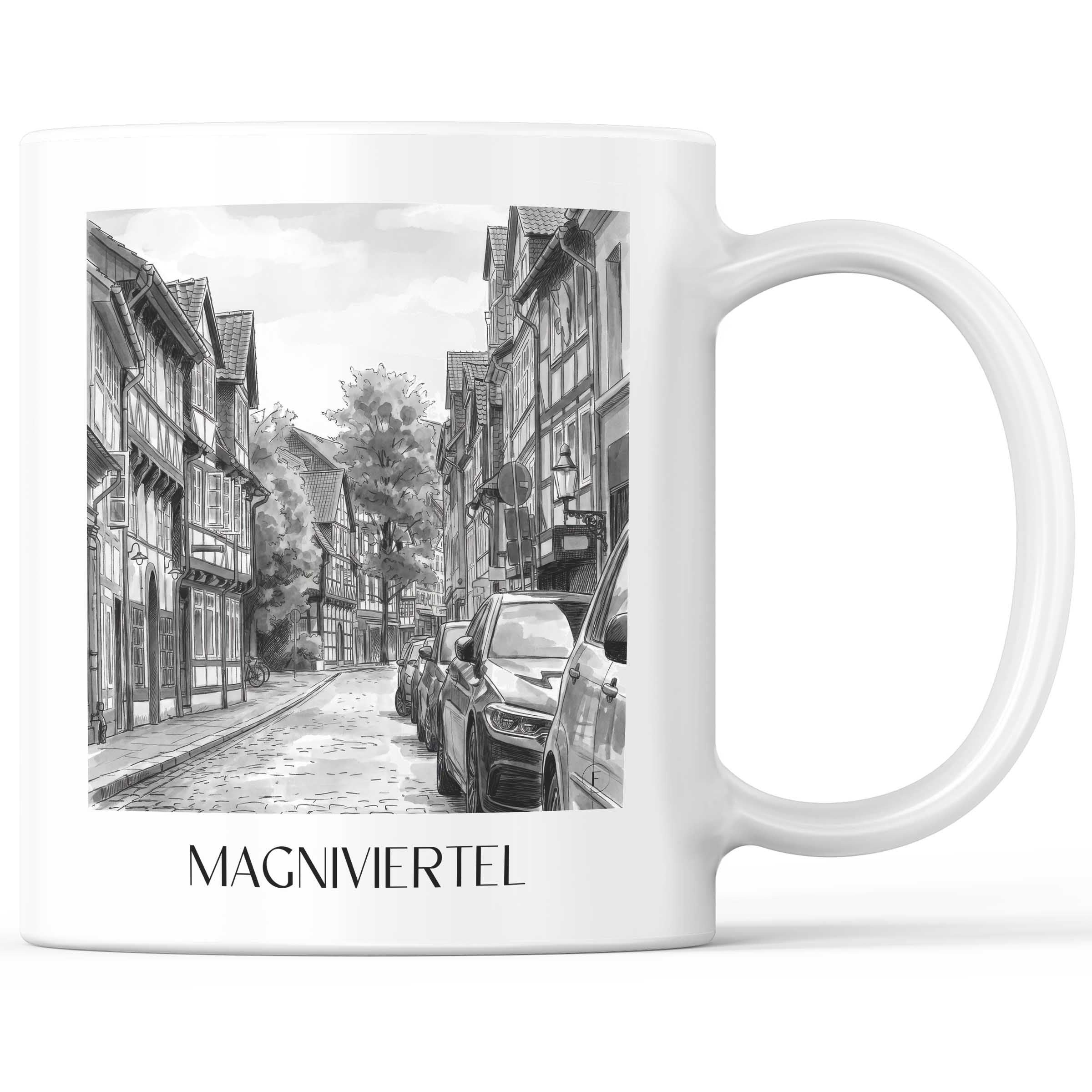 Magniviertel Kaffeebecher - Braunschweig - Deutschland Becher - Kaffeetasse im Aquarell Schwarz-Weiß Stil