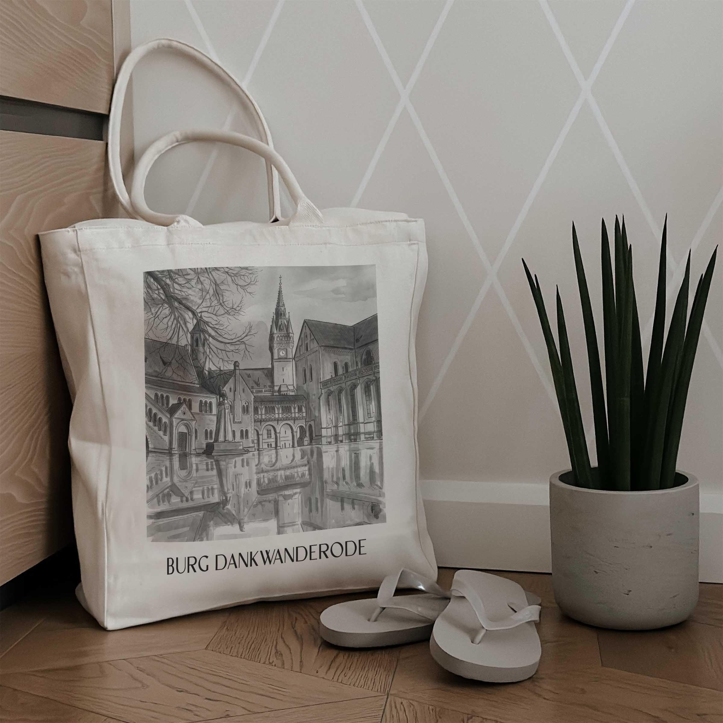 burg-dankwanderode-niedersachsen-deutschland-einkaufstasche-aquarell-schwarz-weiss