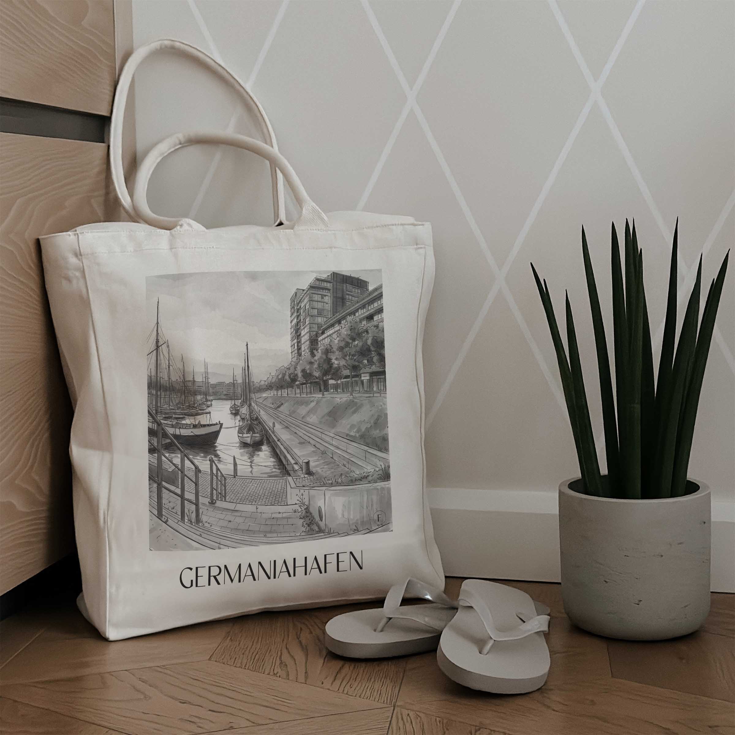 germaniahafen-kiel-deutschland-einkaufstasche-aquarell-schwarz-weiss