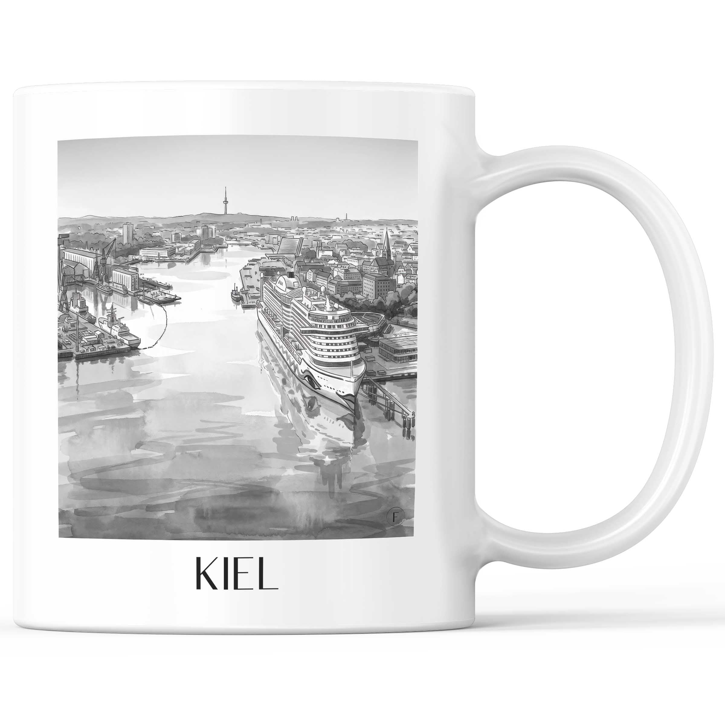 Kiel Kaffeebecher - Schleswig-Holstein - Deutschland Becher - Kaffeetasse im Aquarell Schwarz-Weiß Stil