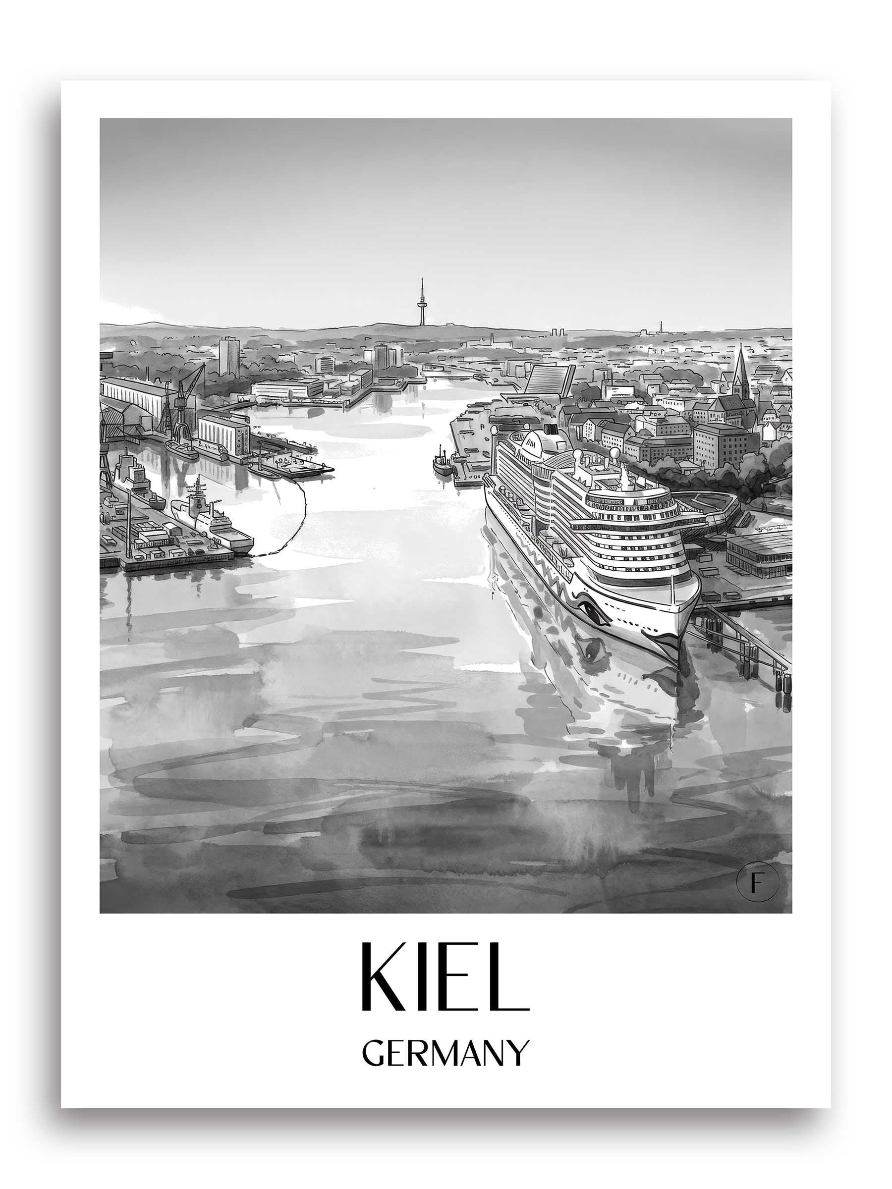 Kiel Poster - Schleswig-Holstein - Deutschland Kunstdruck - Aquarell Schwarz-Weiß von A4 bis A1