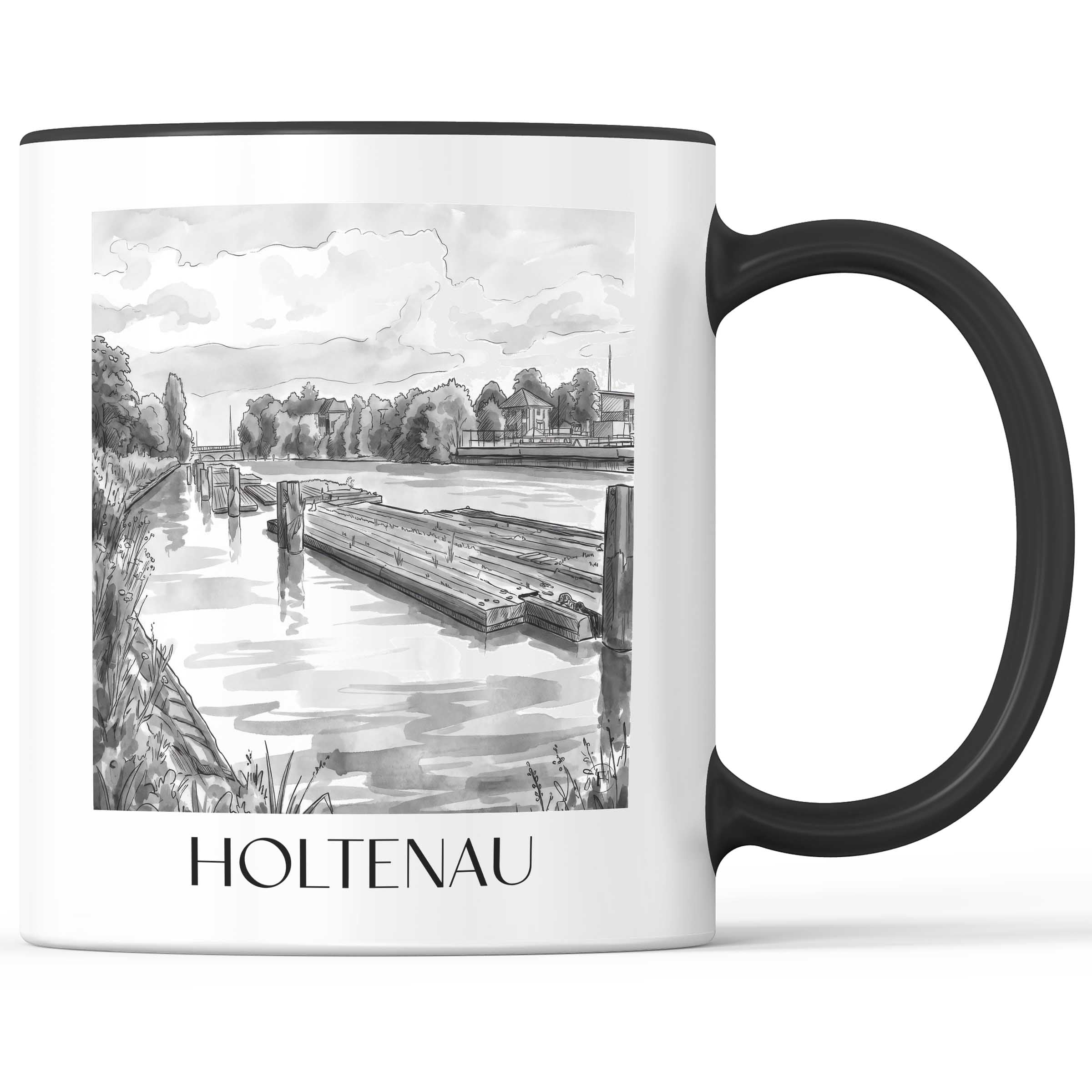 Holtenau Kaffeebecher - Kiel - Deutschland Becher - Kaffeetasse im Aquarell Schwarz-Weiß Stil