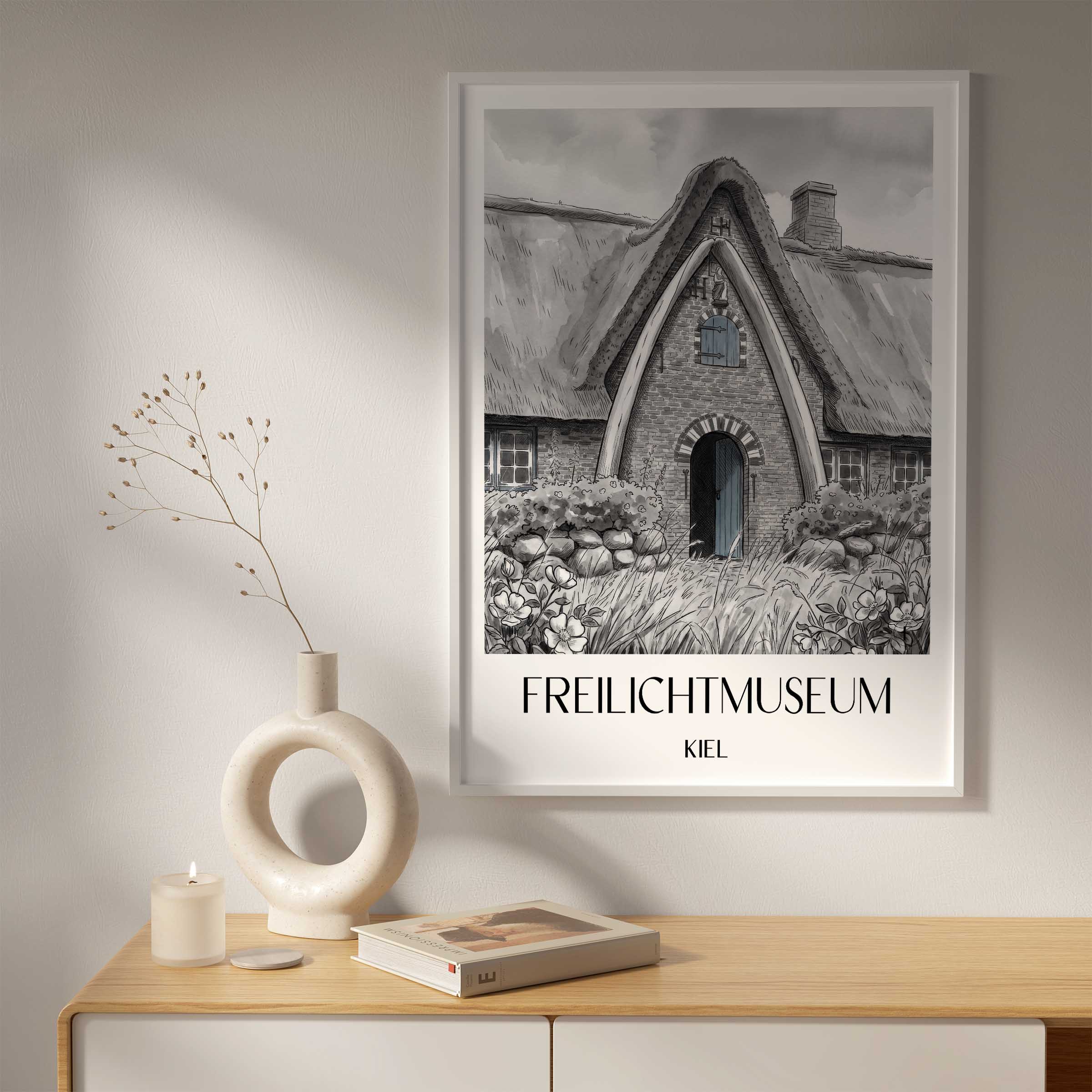 freilichtmuseum-kiel-deutschland-poster-aquarell-schwarz-weiss