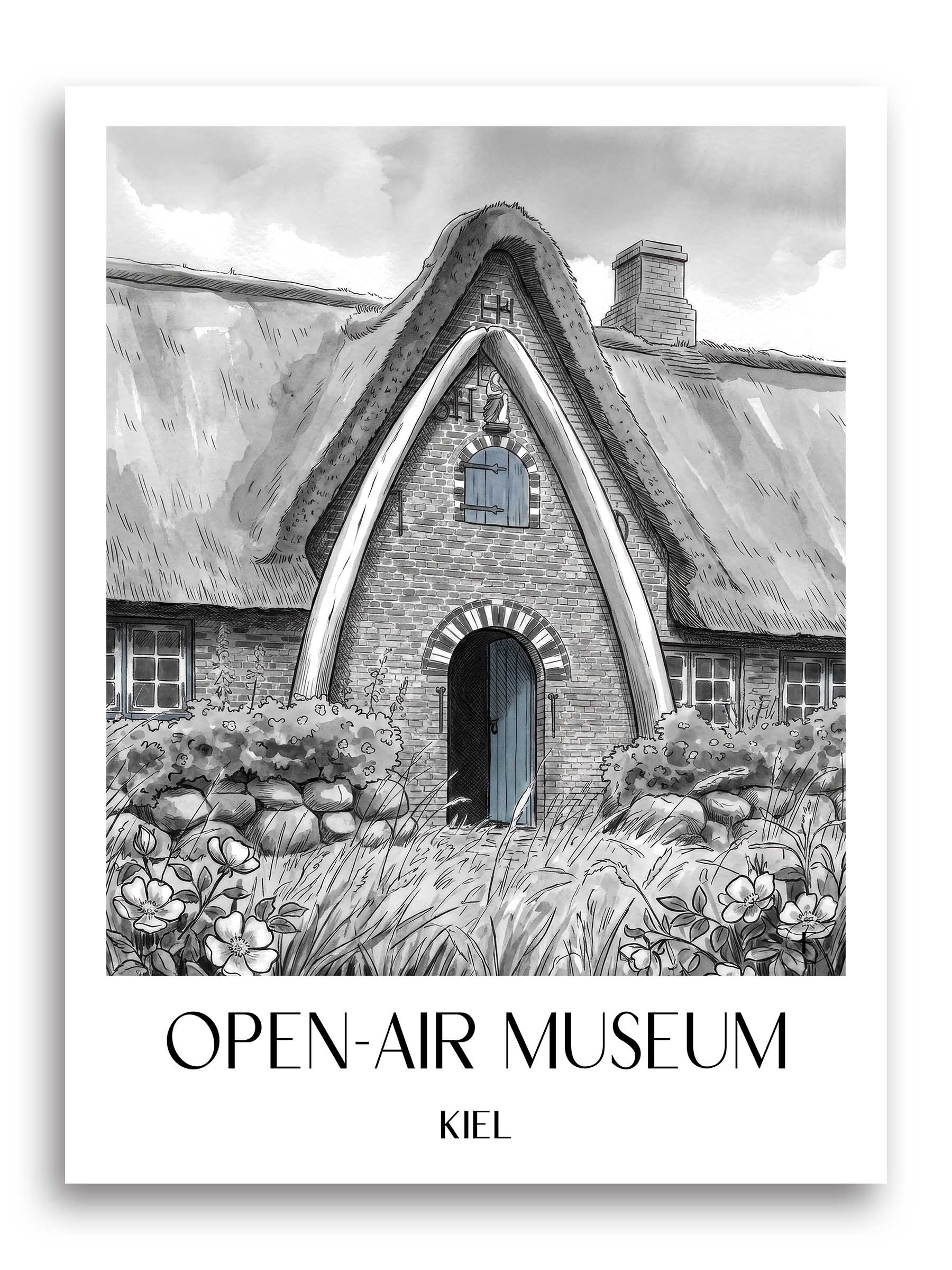 Freilichtmuseum Poster - Kiel - Deutschland Kunstdruck - Aquarell Schwarz-Weiß von A4 bis A1