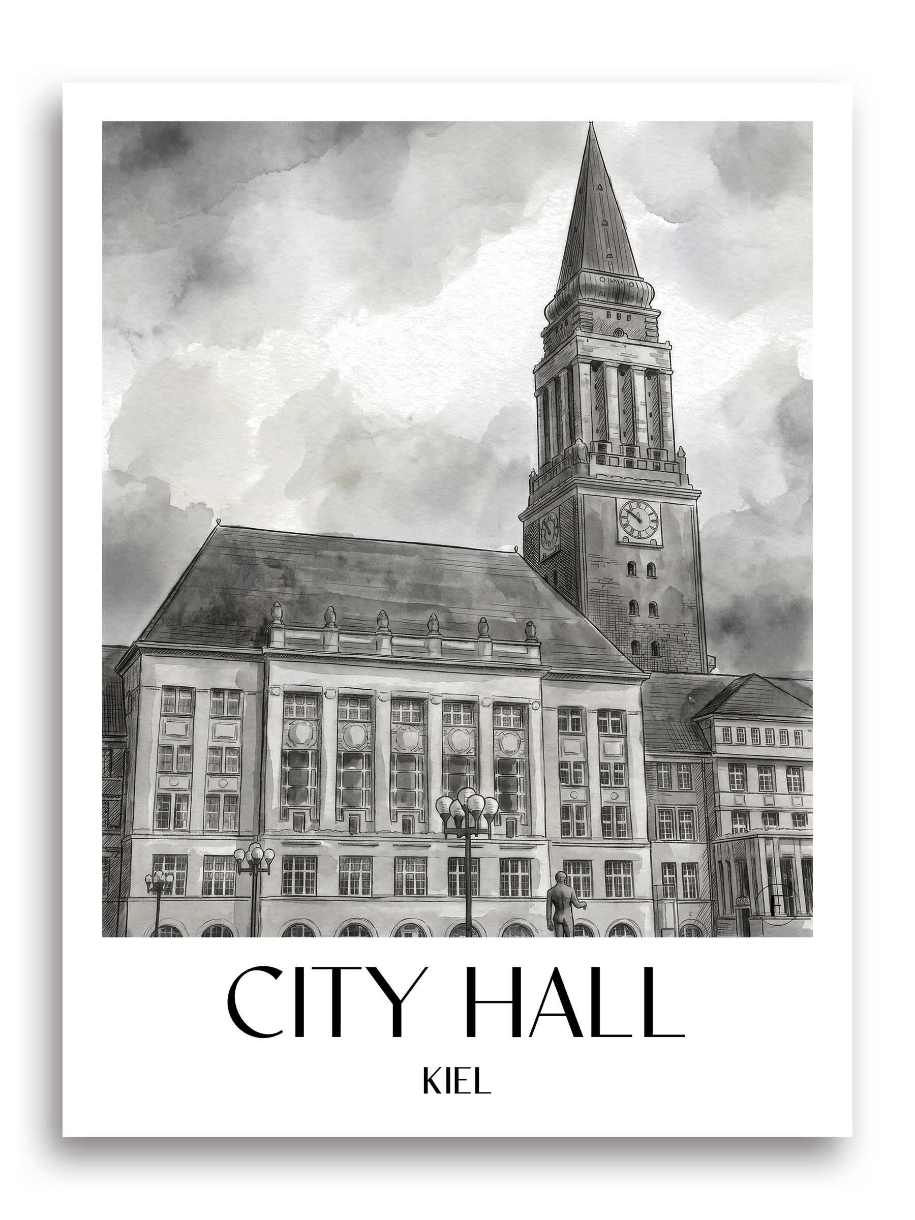 Rathaus Poster - Kiel - Deutschland Kunstdruck - Aquarell Schwarz-Weiß von A4 bis A1