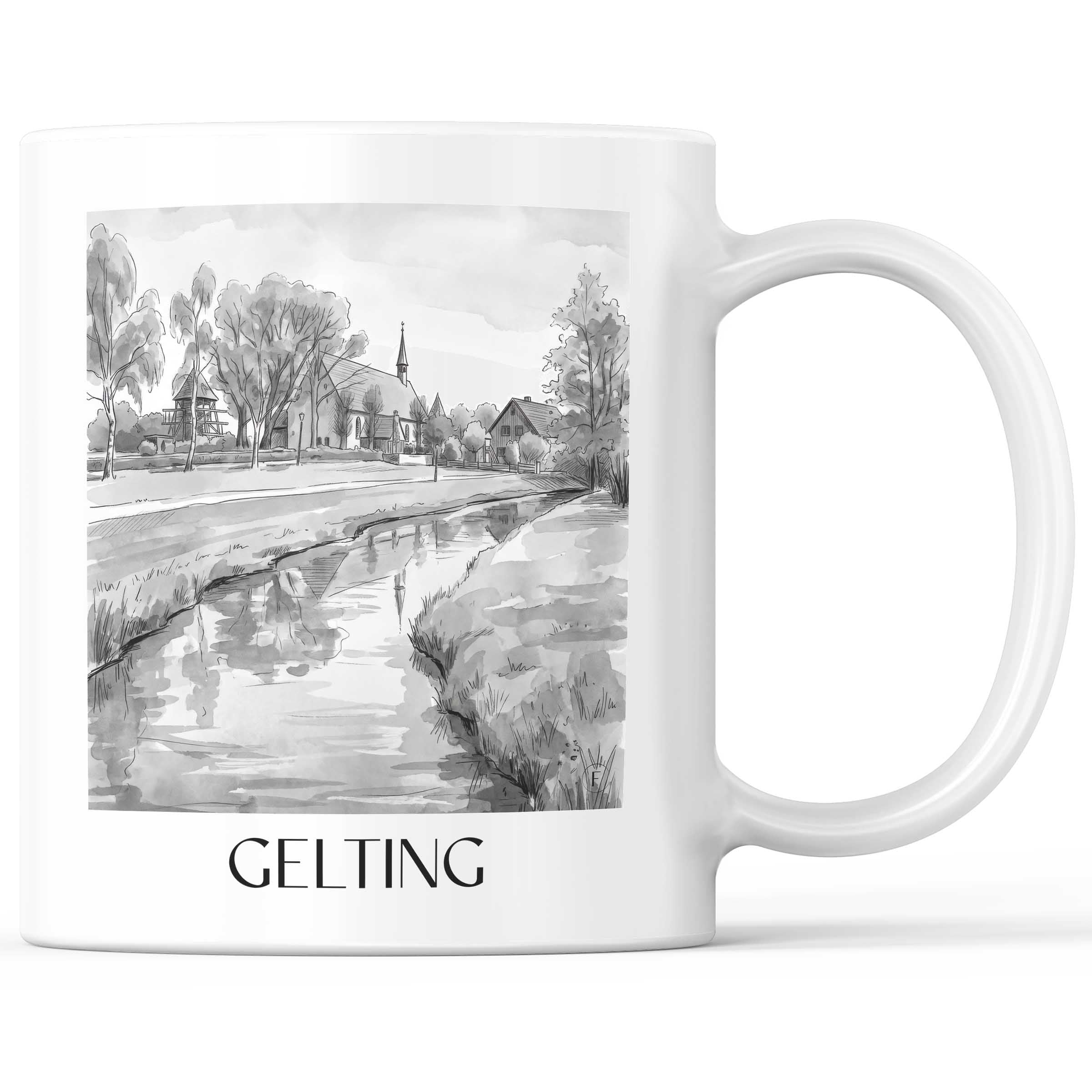 Gelting Kaffeebecher - Schleswig - Deutschland Becher - Kaffeetasse im Aquarell Schwarz-Weiß Stil