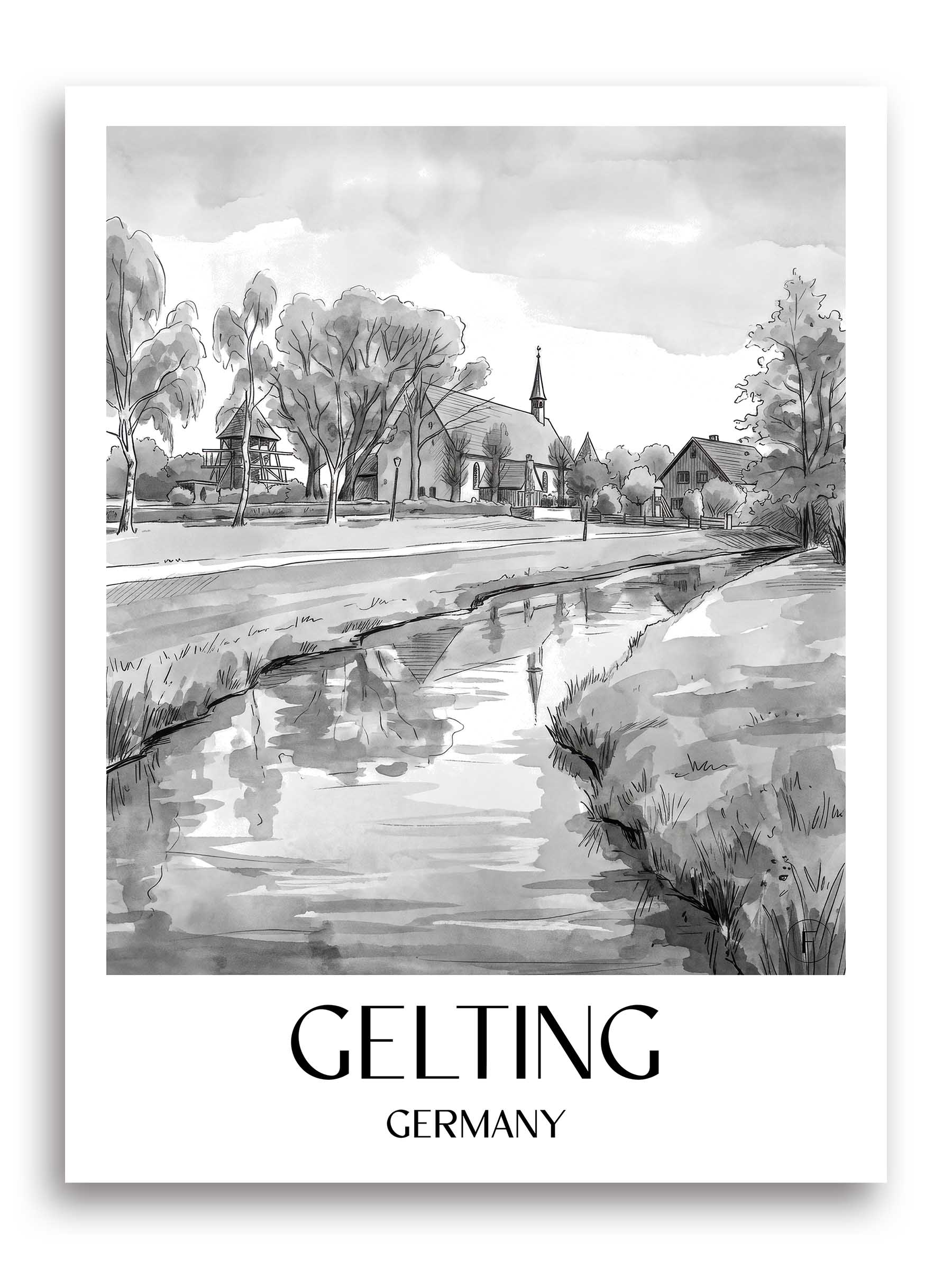 Gelting Poster - Schleswig - Deutschland Kunstdruck - Aquarell Schwarz-Weiß von A4 bis A1