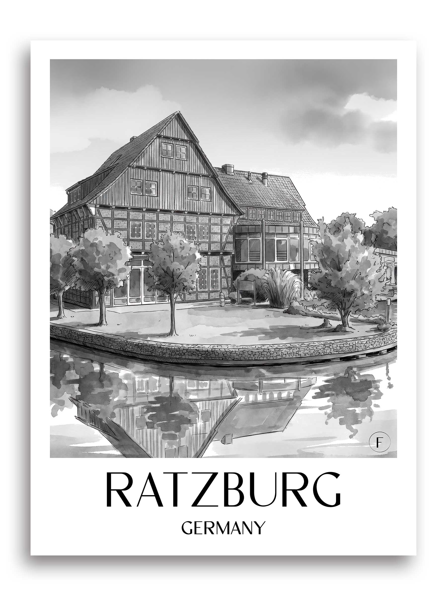 Ratzburg Poster - Schleswig-Holstein - Deutschland Kunstdruck - Aquarell Schwarz-Weiß von A4 bis A1