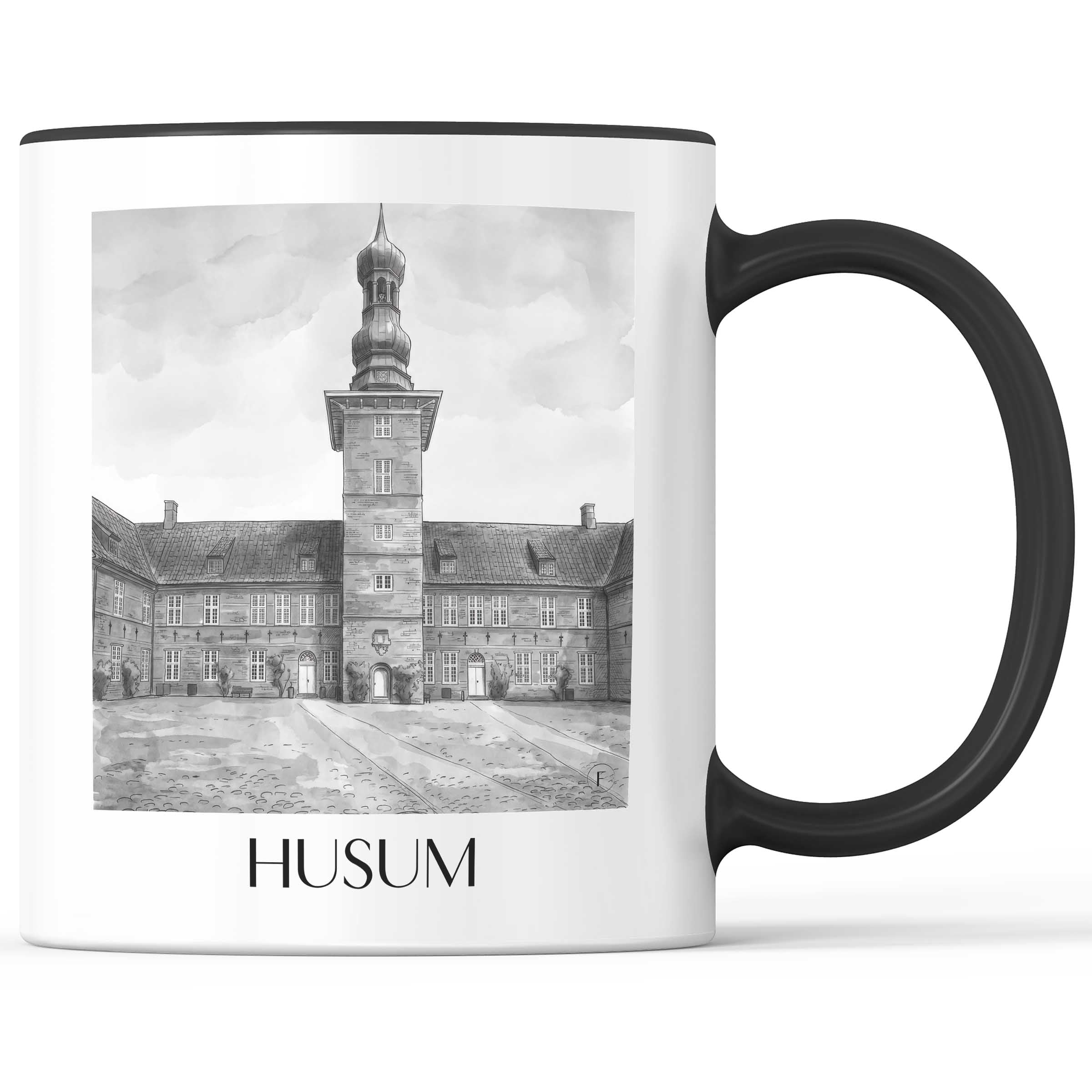 Husum Kaffeebecher - Schleswig - Deutschland Becher - Kaffeetasse im Aquarell Schwarz-Weiß Stil