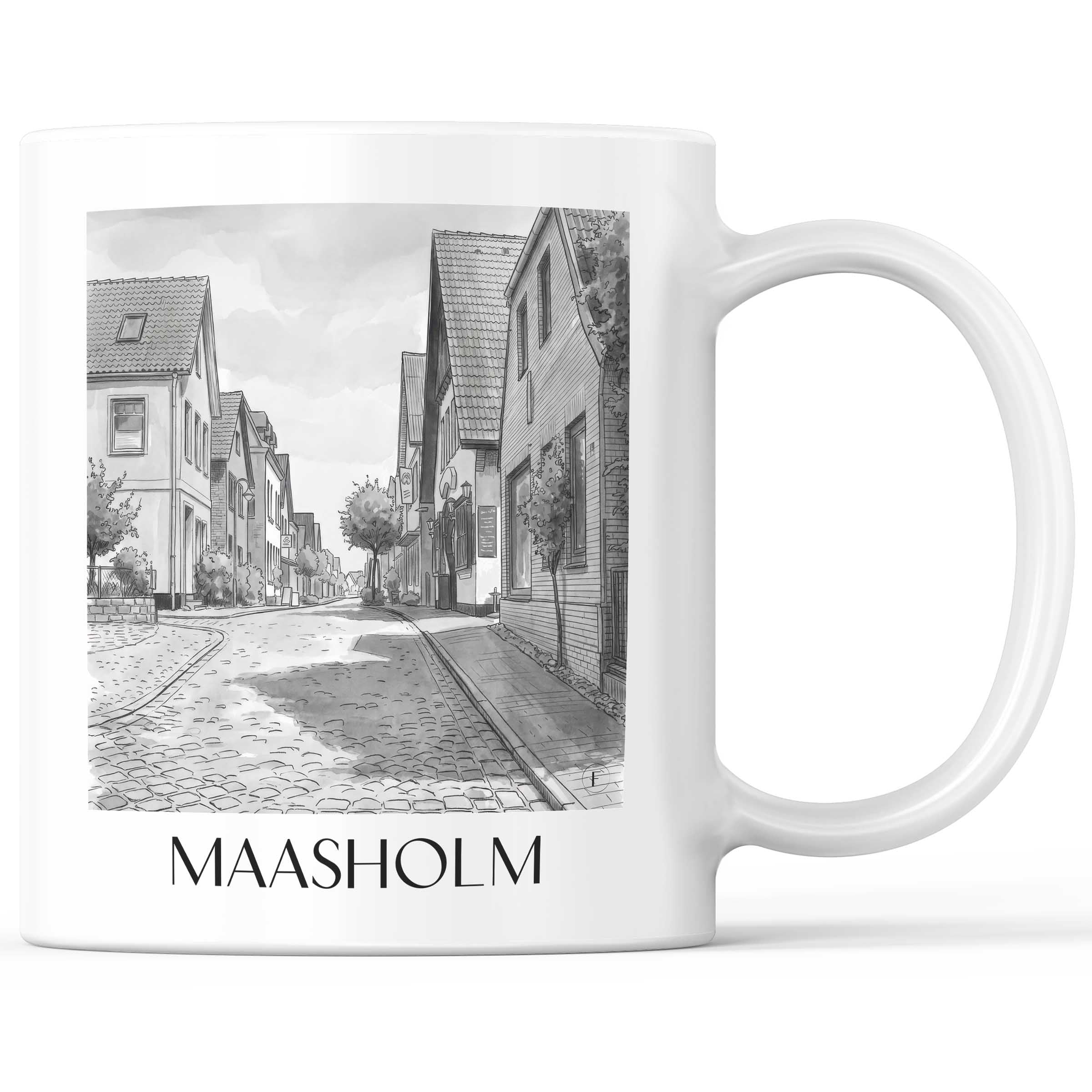 Maasholm Kaffeebecher - Schleswig - Deutschland Becher - Kaffeetasse im Aquarell Schwarz-Weiß Stil