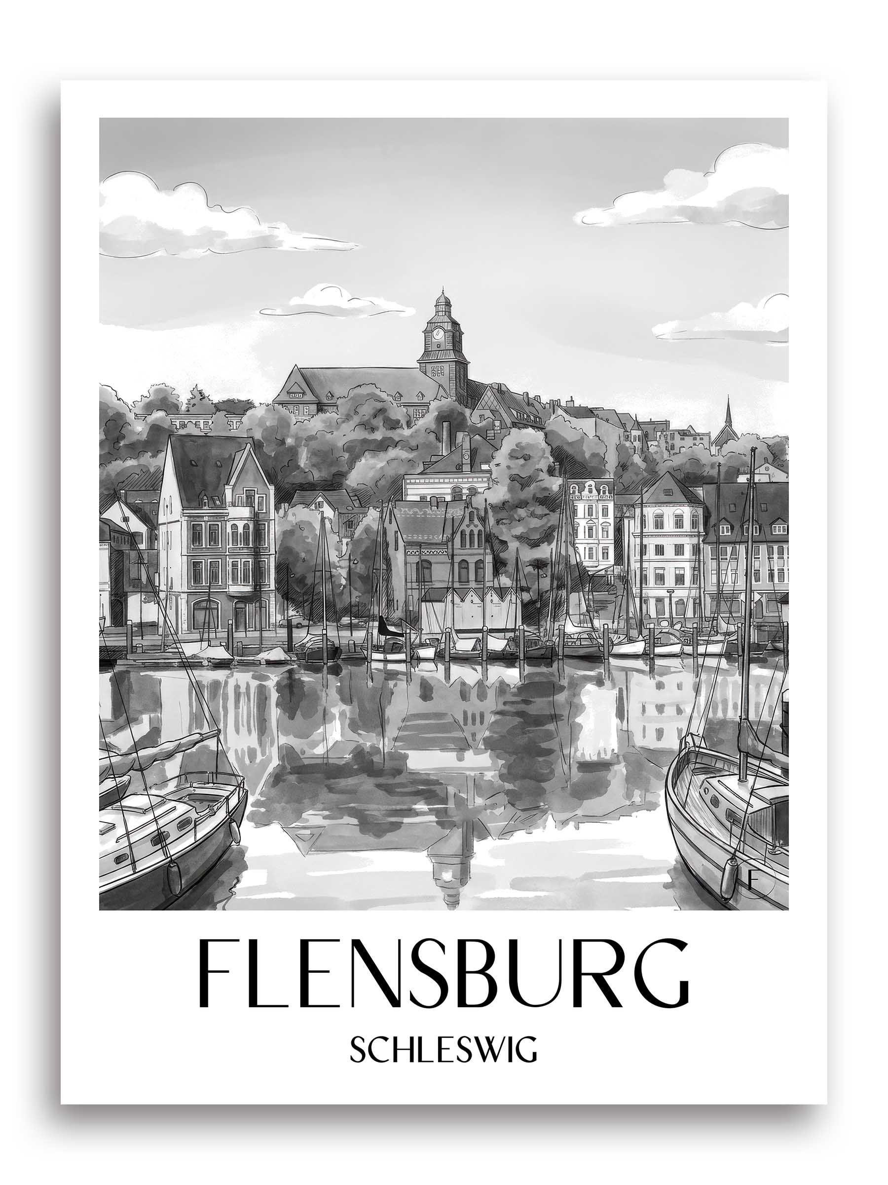 flensburg-schleswig-deutschland-poster-aquarell-schwarz-weiss