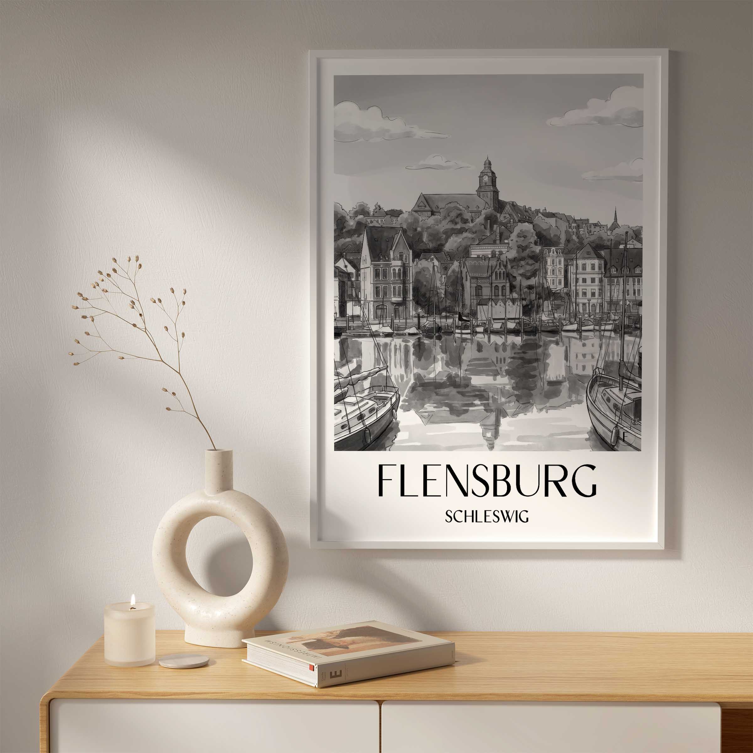 flensburg-schleswig-deutschland-poster-aquarell-schwarz-weiss