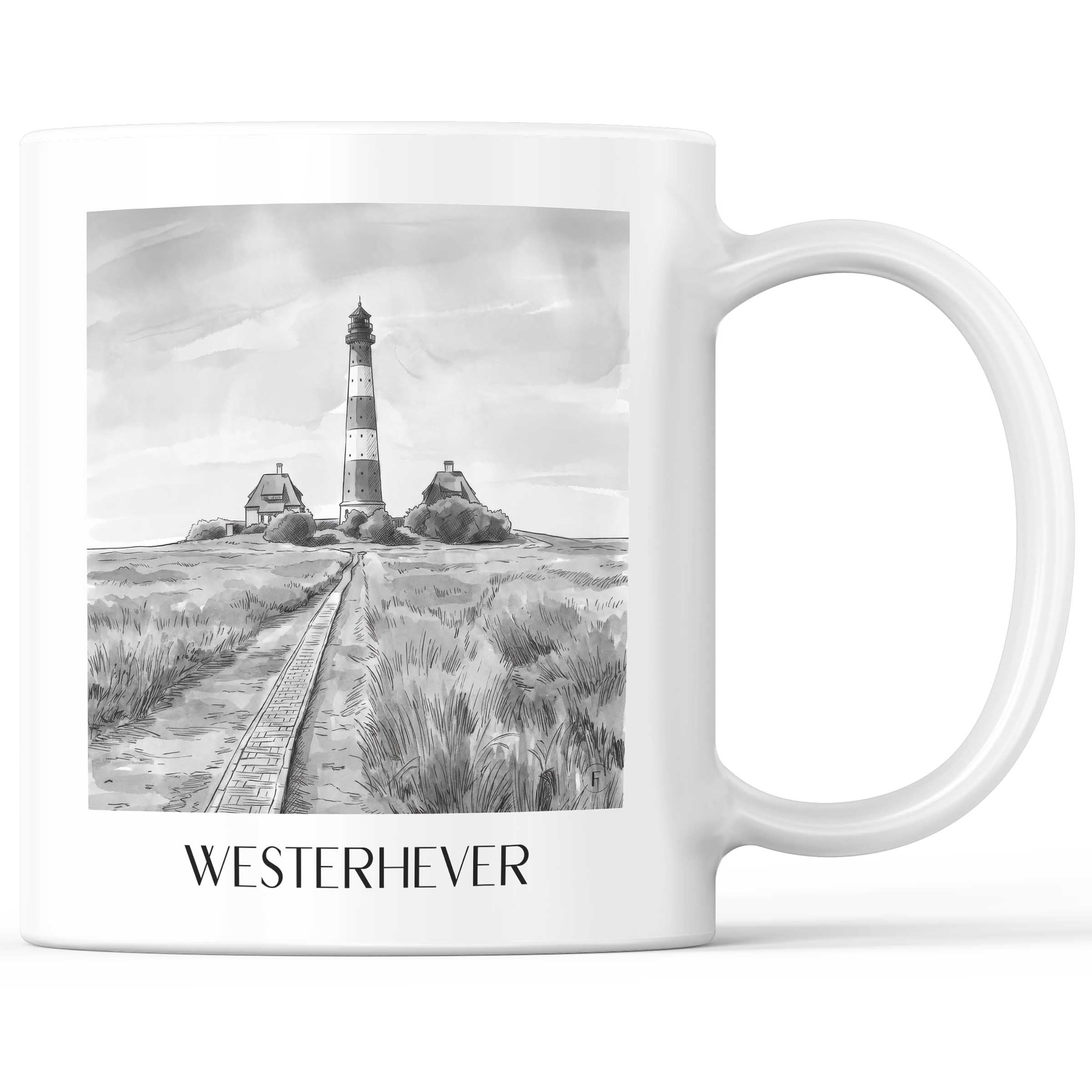 Westerhever Kaffeebecher - Schleswig - Deutschland Becher - Kaffeetasse im Aquarell Schwarz-Weiß Stil