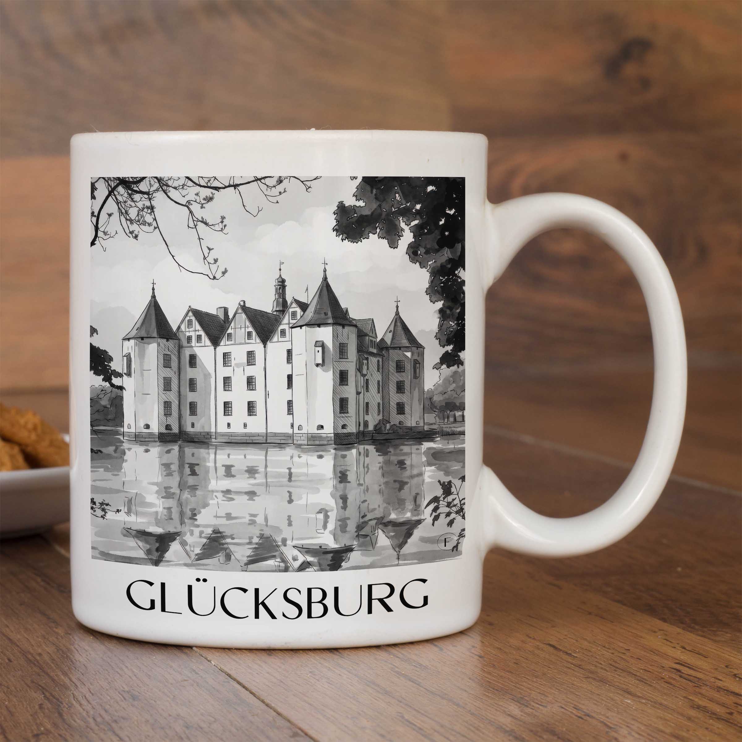 glücksburg-schleswig-deutschland-kaffeebecher-aquarell-schwarz-weiss
