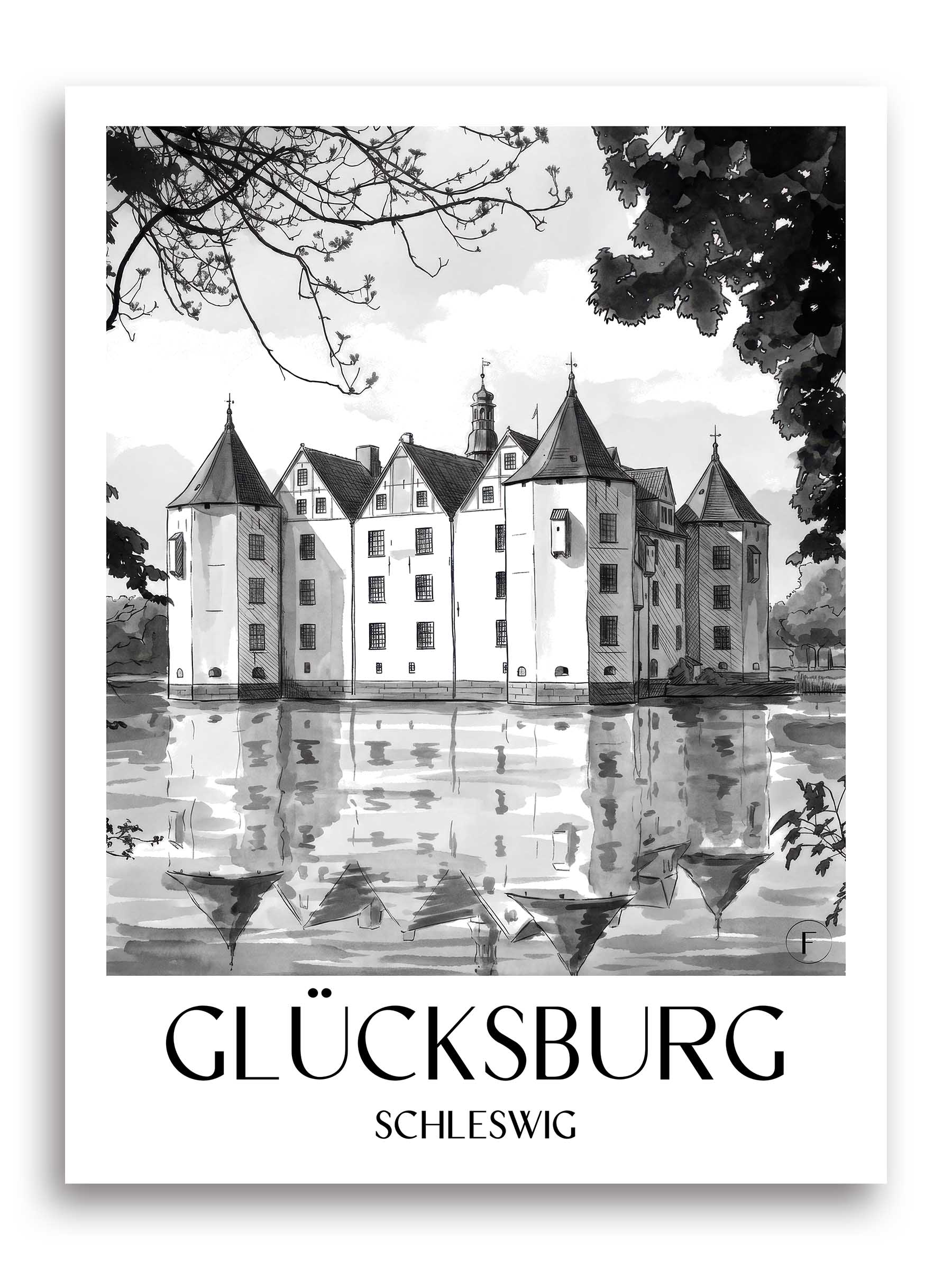 glücksburg-schleswig-deutschland-poster-aquarell-schwarz-weiss
