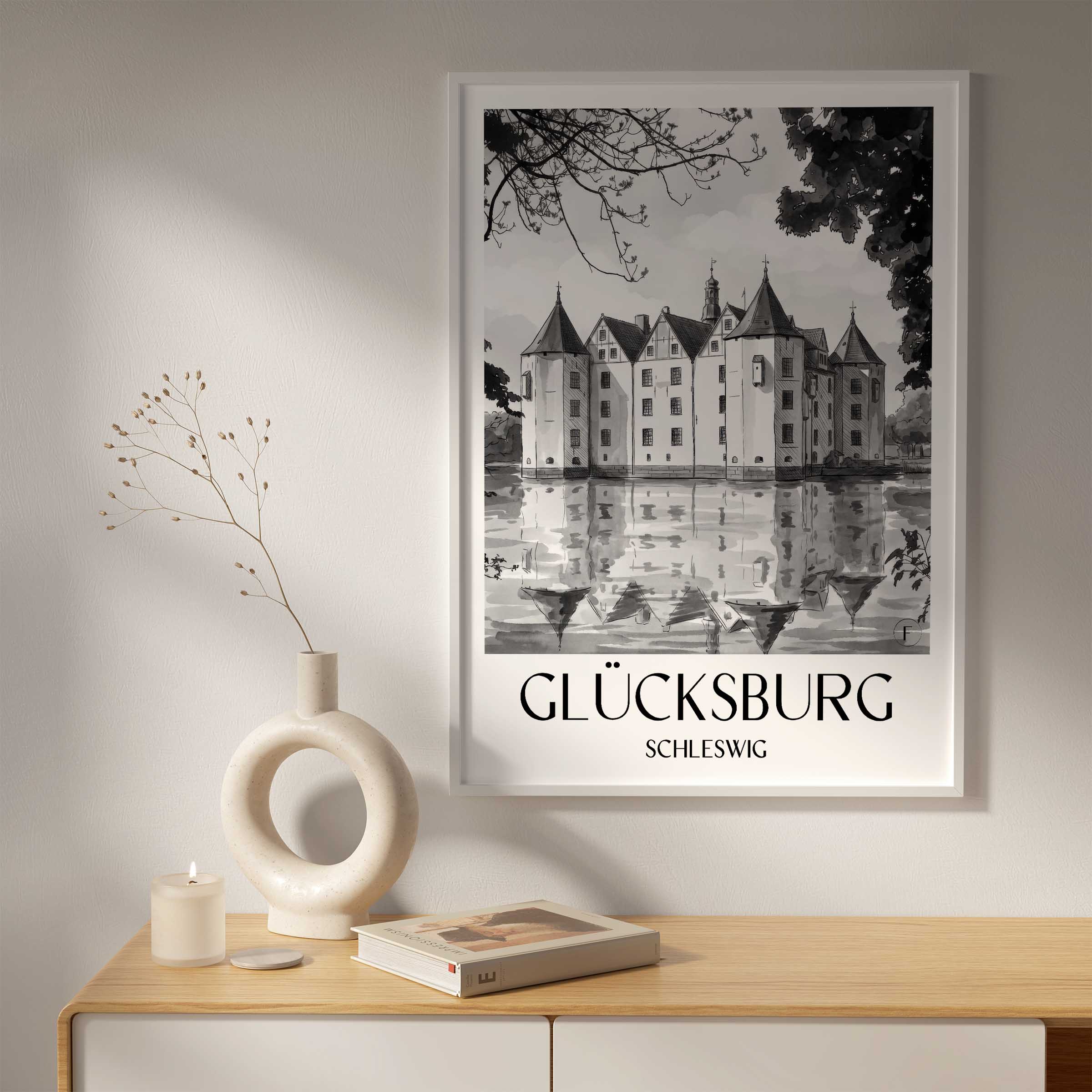 glücksburg-schleswig-deutschland-poster-aquarell-schwarz-weiss