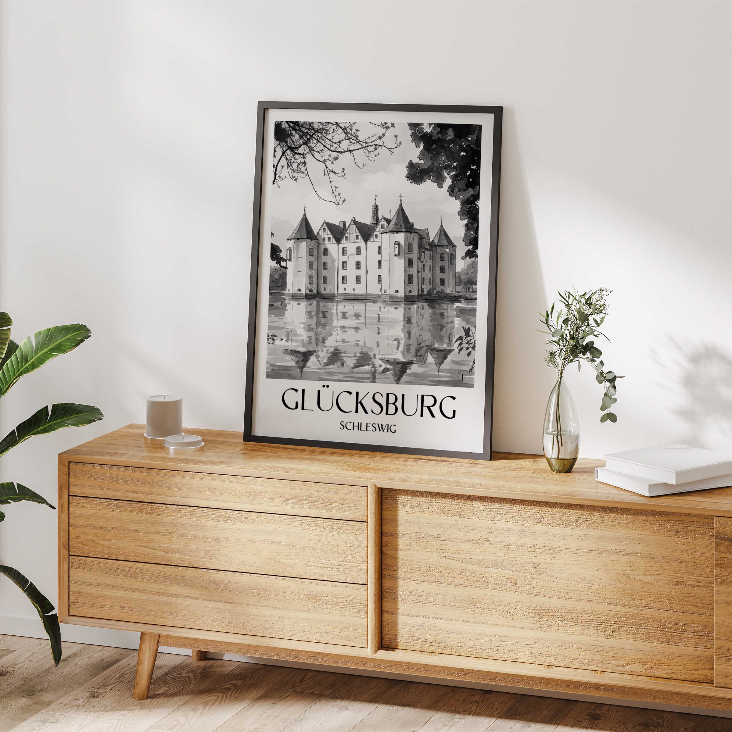 glücksburg-schleswig-deutschland-poster-aquarell-schwarz-weiss