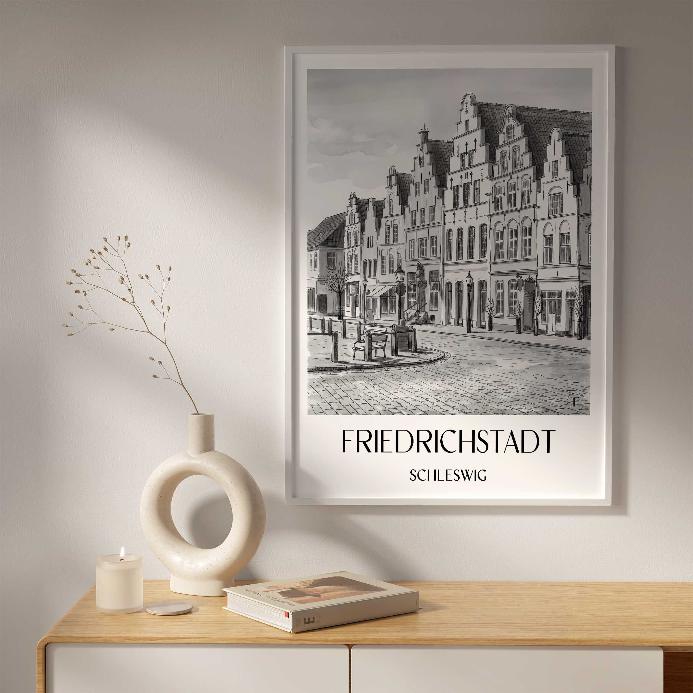 friedrichstadt-schleswig-deutschland-poster-aquarell-schwarz-weiss