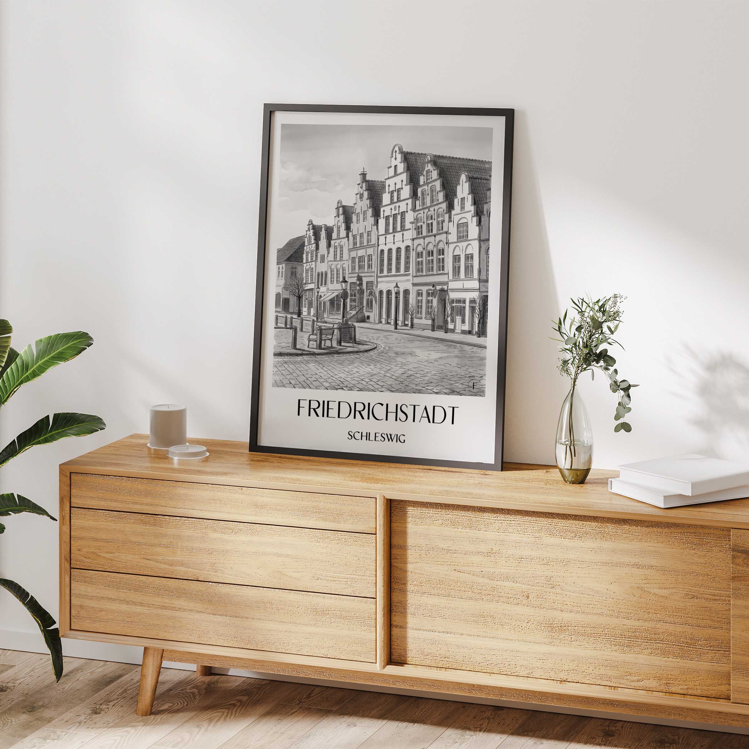 friedrichstadt-schleswig-deutschland-poster-aquarell-schwarz-weiss