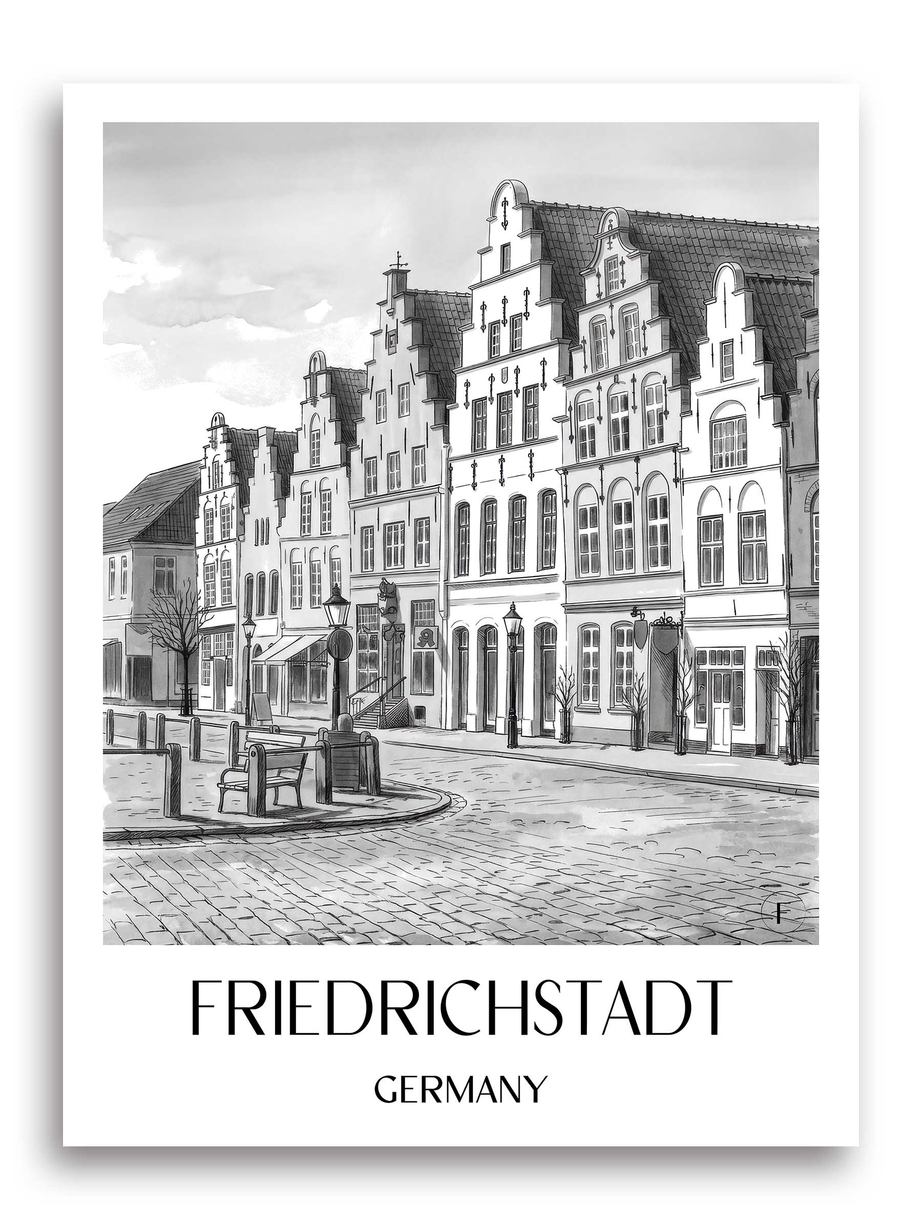 Friedrichstadt Poster - Schleswig - Deutschland Kunstdruck - Aquarell Schwarz-Weiß von A4 bis A1