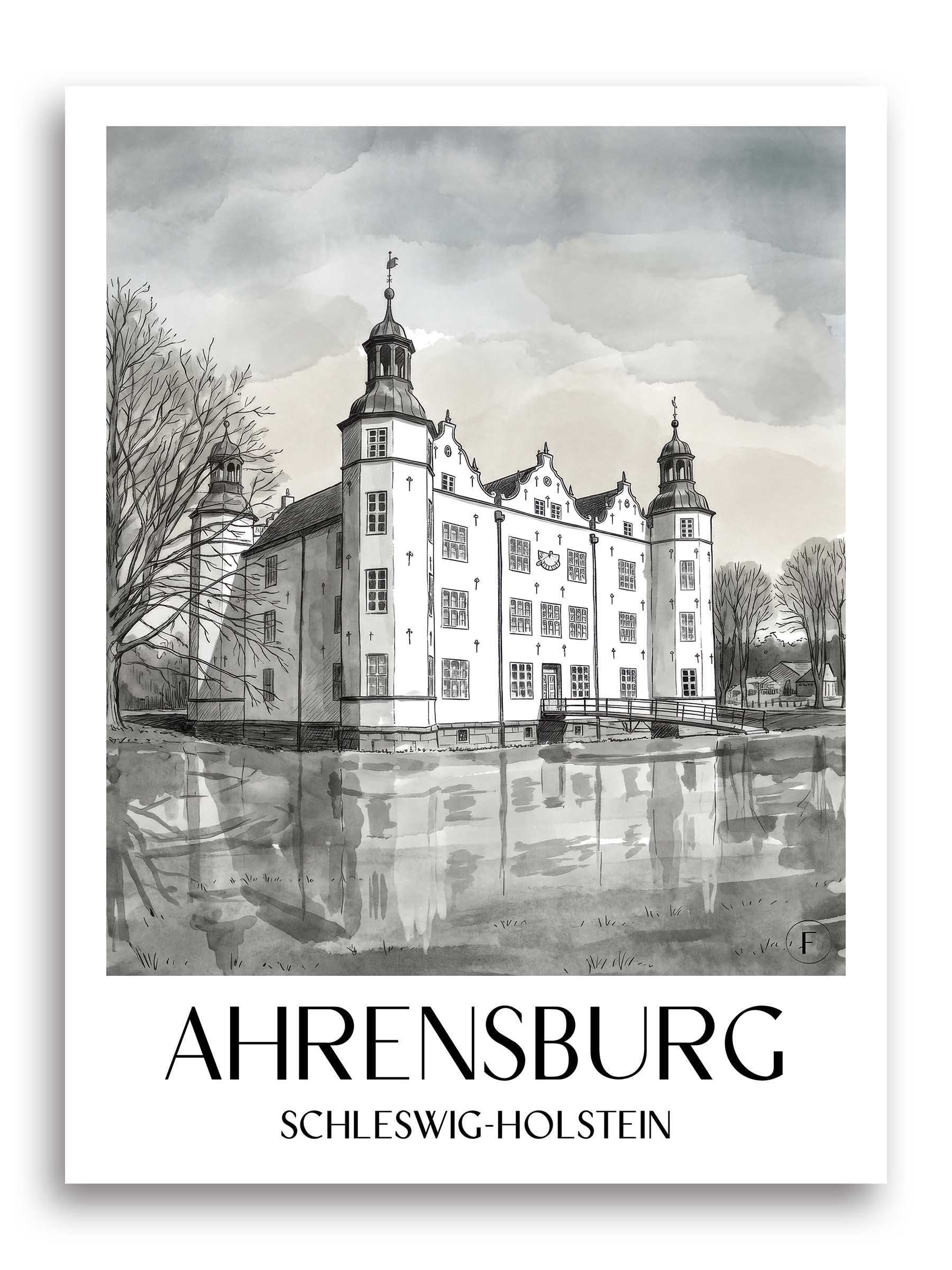 ahrensburg-schleswig-holstein-deutschland-poster-aquarell-schwarz-weiss