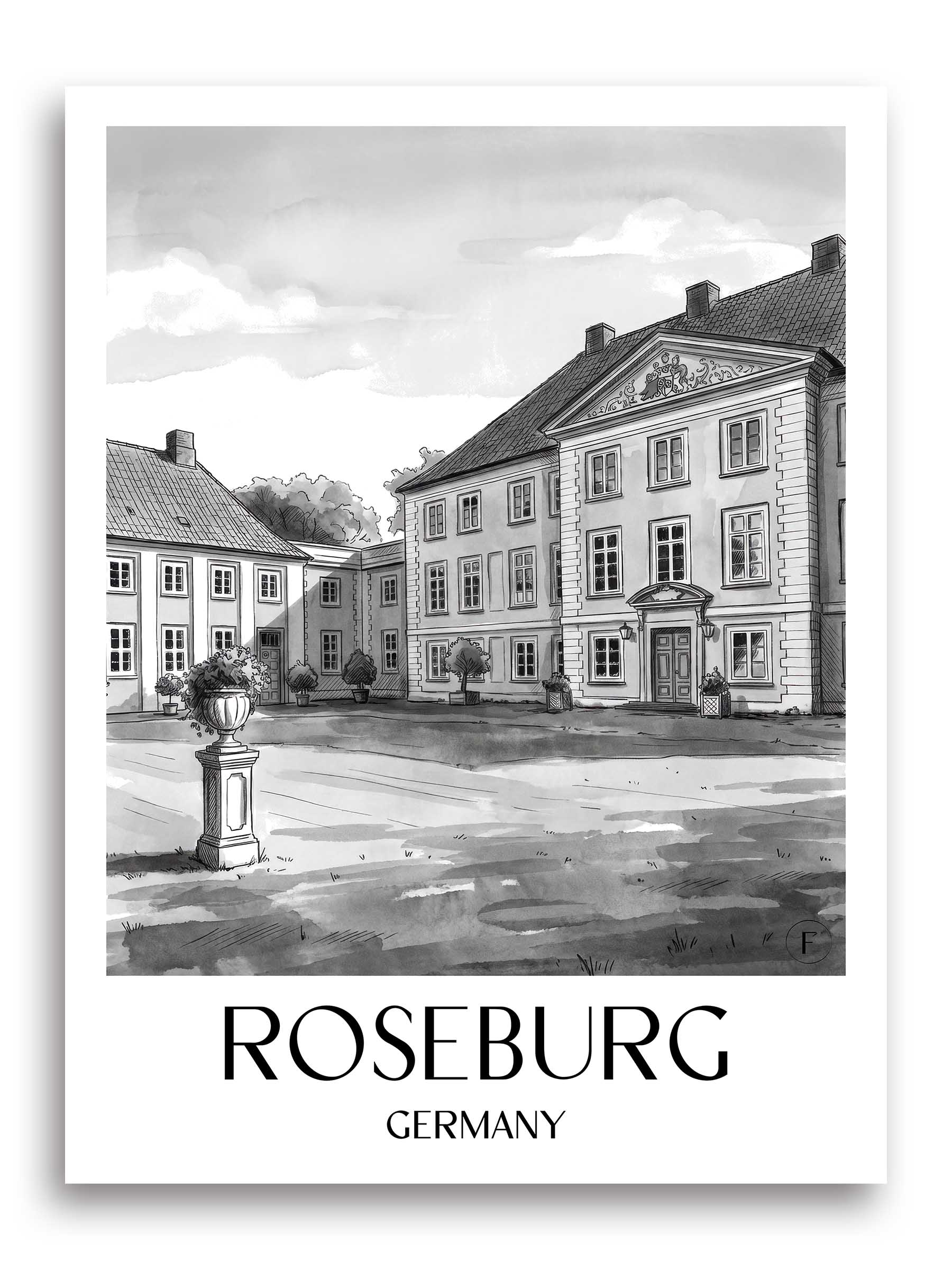 Roseburg Poster - Schleswig-Holstein - Deutschland Kunstdruck - Aquarell Schwarz-Weiß von A4 bis A1