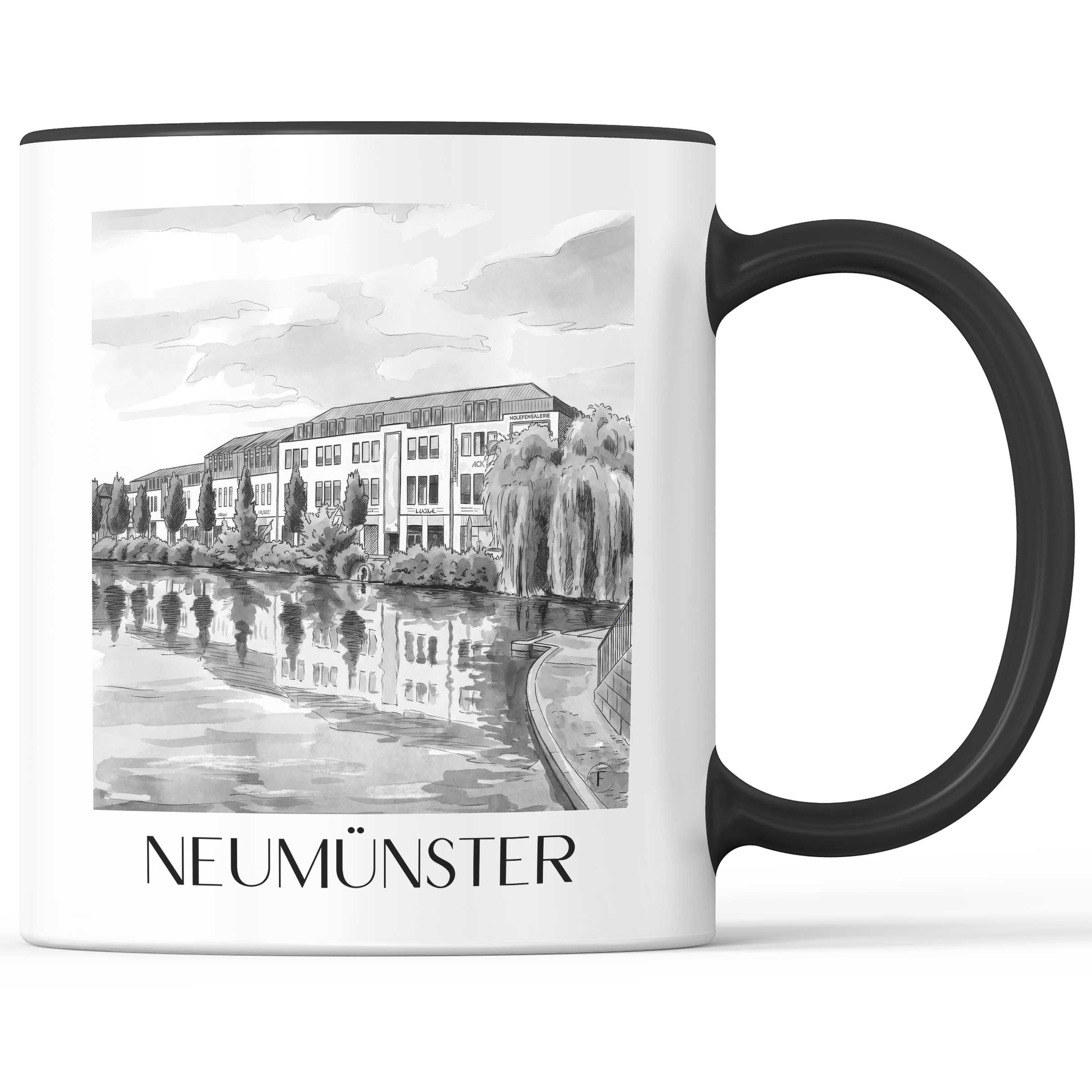 Neumünster Kaffeebecher - Schleswig-Holstein - Deutschland Becher - Kaffeetasse im Aquarell Schwarz-Weiß Stil
