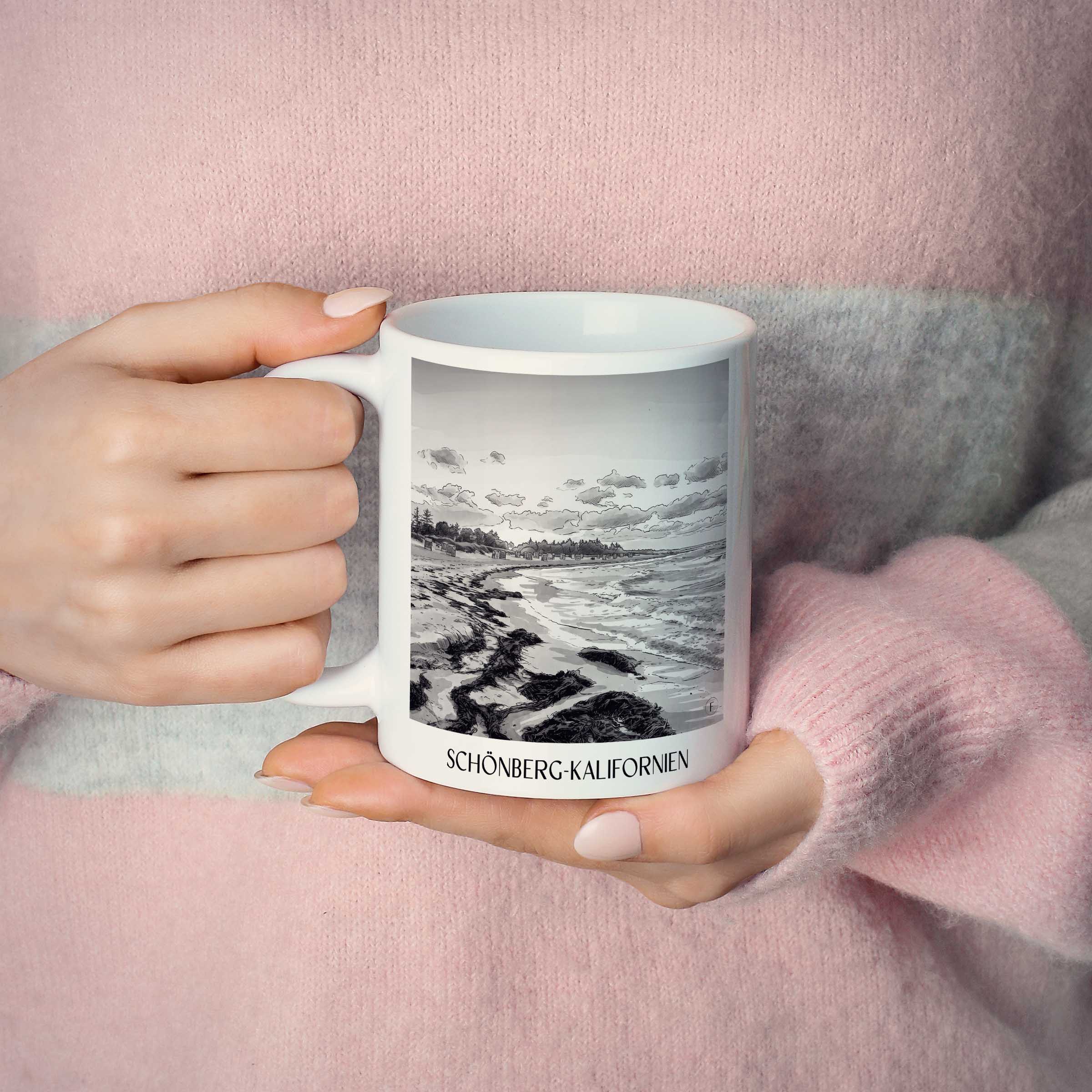 schönberg-kalifornien-schleswig-holstein-deutschland-kaffeebecher-aquarell-schwarz-weiss