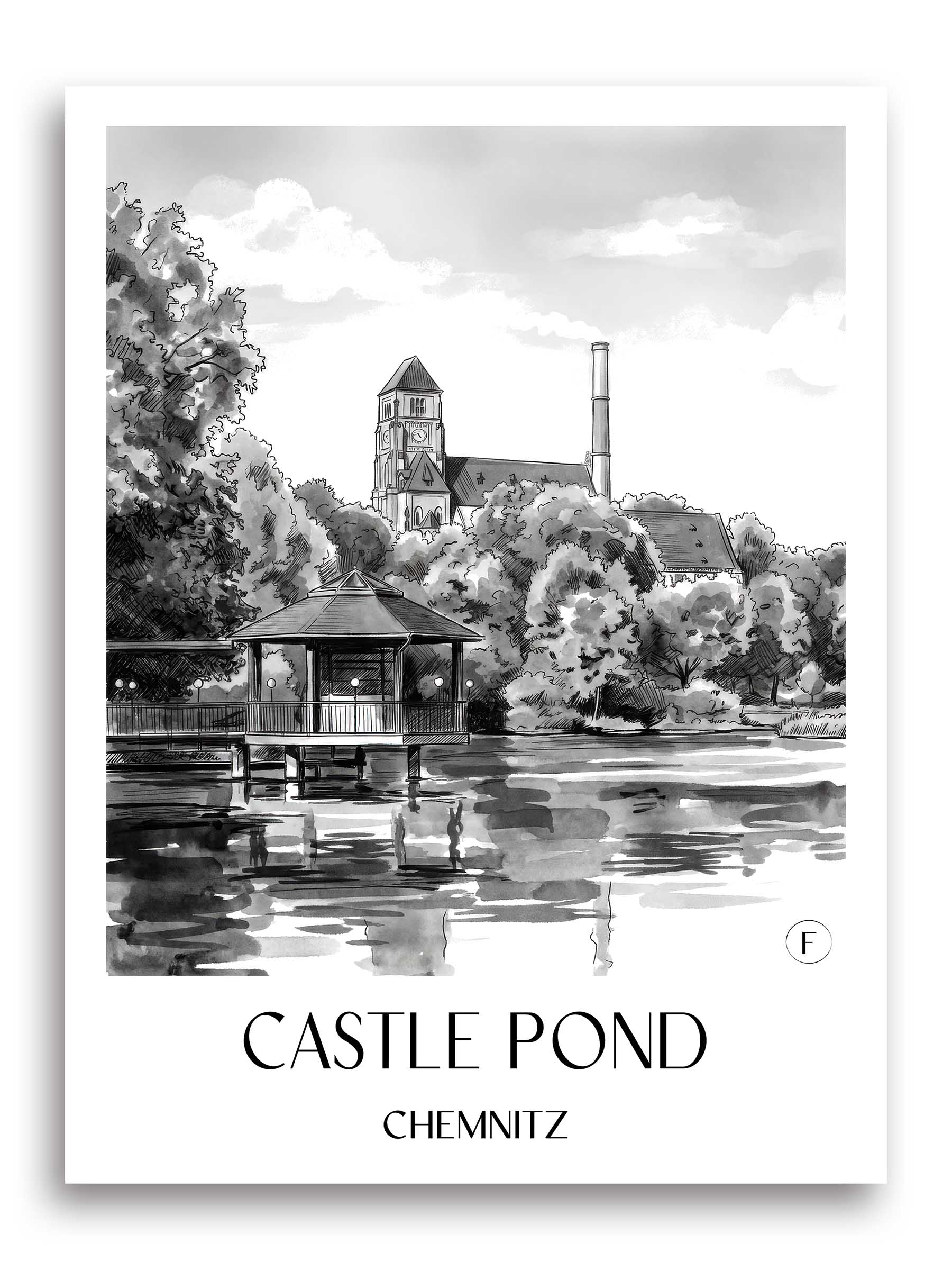 Schlossteich Poster - Chemnitz - Germany Art Print - Watercolor Black and White from A4 to A1