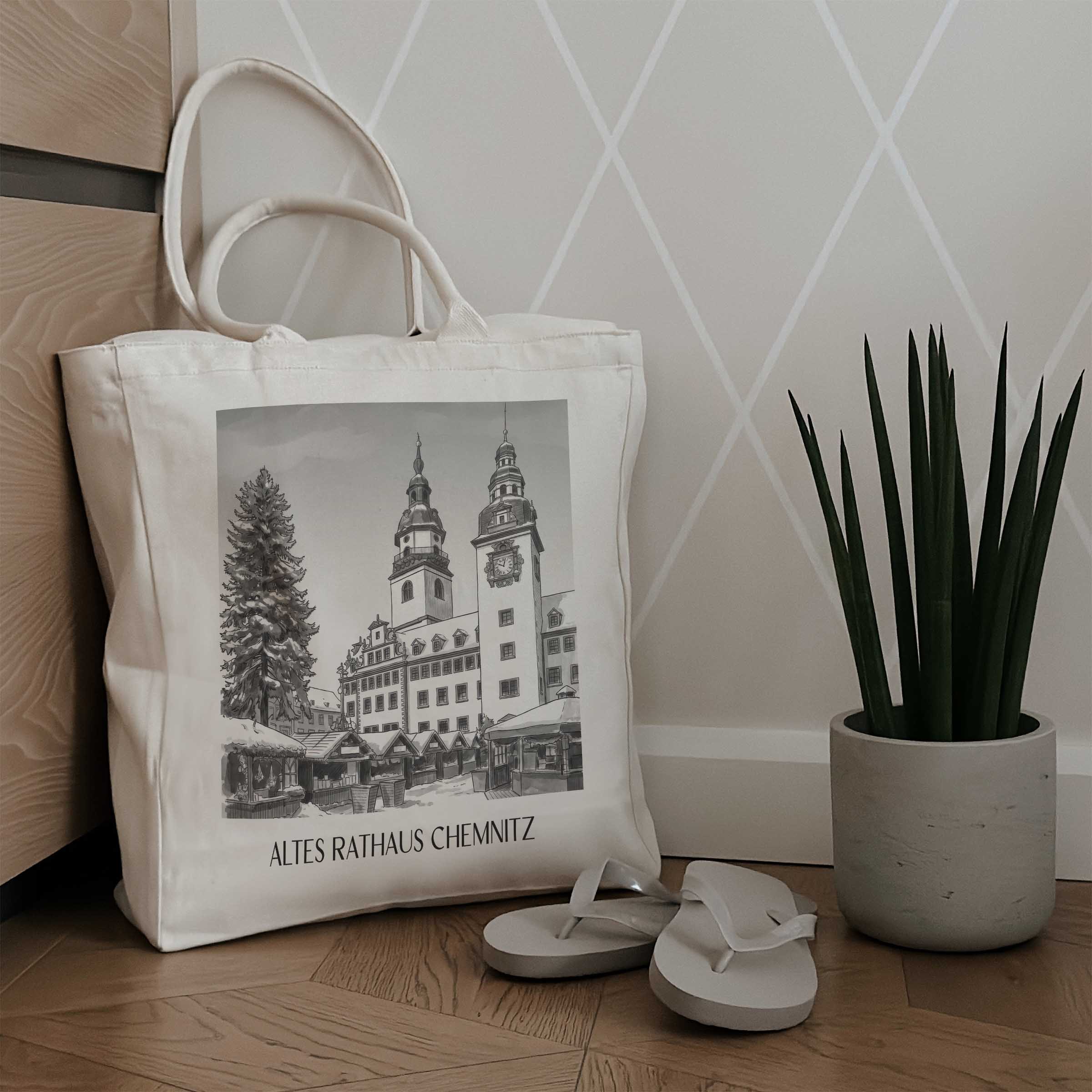 altes-rathaus-chemnitz-deutschland-einkaufstasche-aquarell-schwarz-weiss