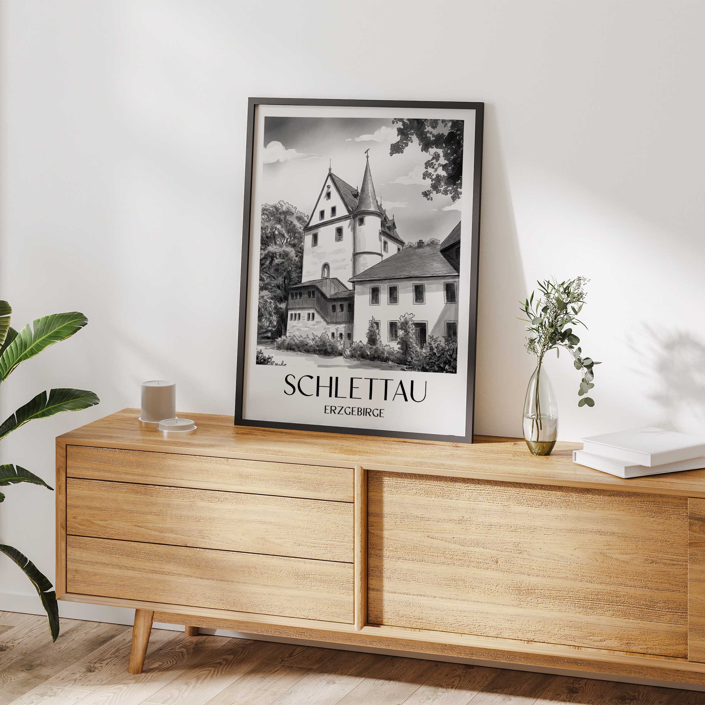 schlettau-erzgebirge-deutschland-poster-aquarell-schwarz-weiss