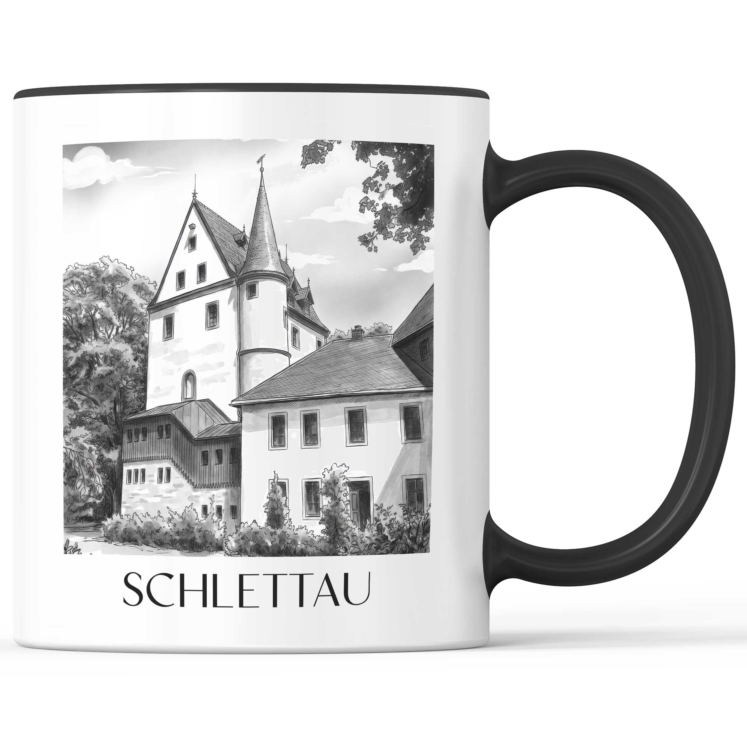 Schlettau Kaffeebecher - Erzgebirge - Deutschland Becher - Kaffeetasse im Aquarell Schwarz-Weiß Stil