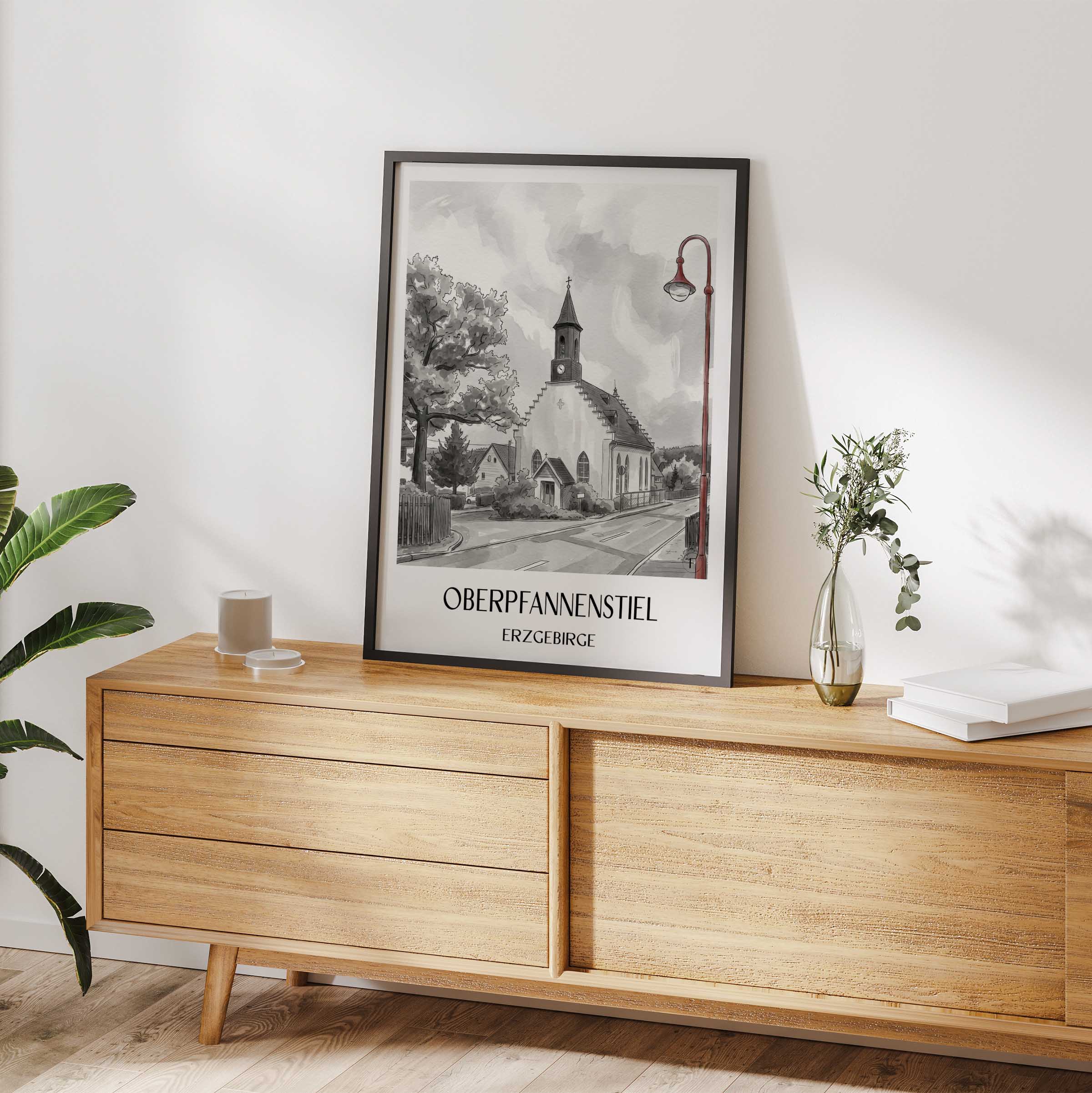 oberpfannenstiel-erzgebirge-deutschland-poster-aquarell-schwarz-weiss