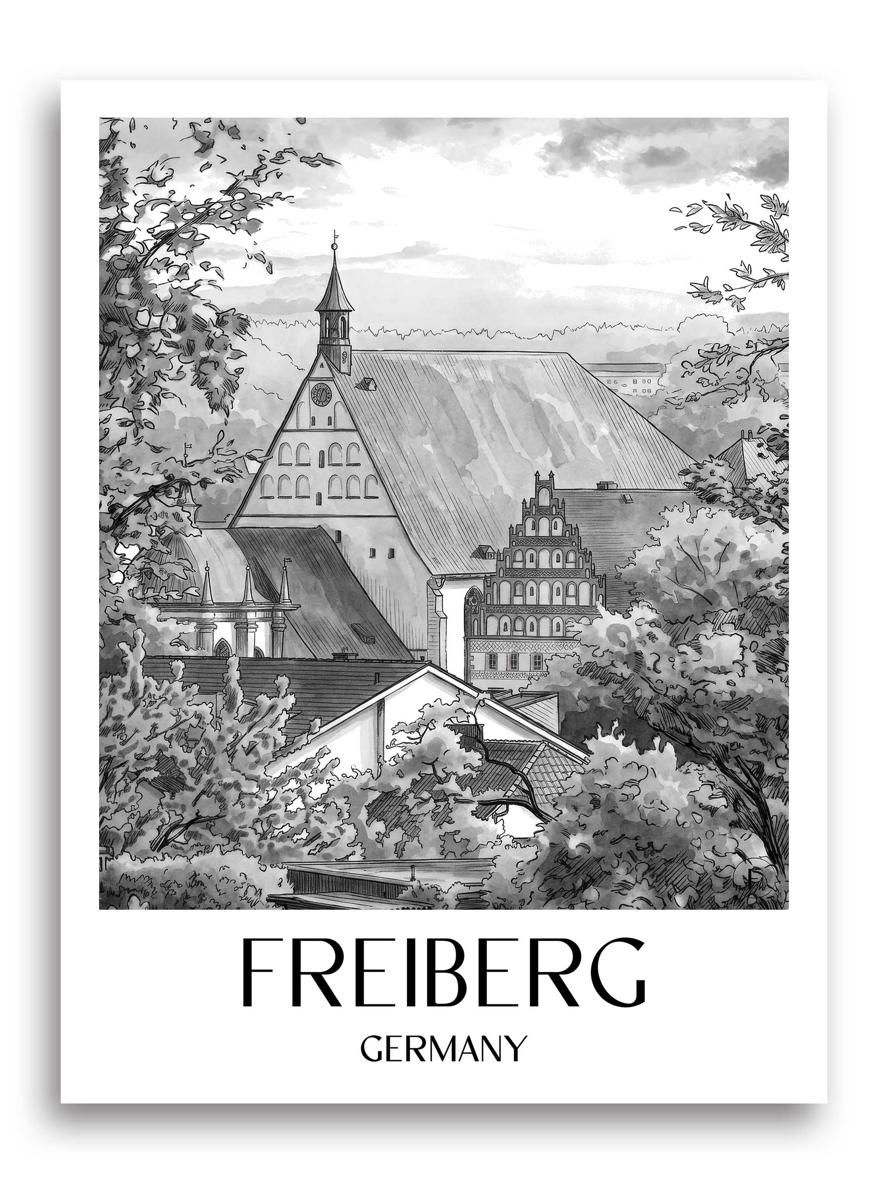 Freiberg Poster - Ore Mountains - Germany Art Print - Watercolor Black and White from A4 to A1