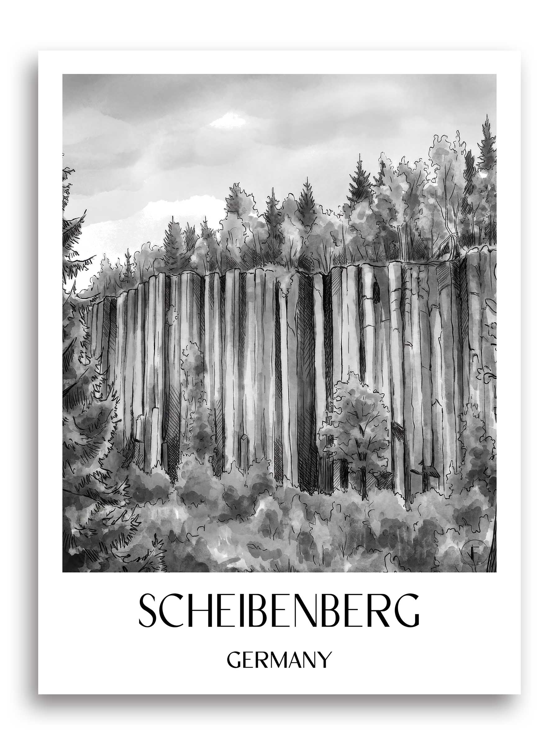 Scheibenberg Poster - Erzgebirge - Deutschland Kunstdruck - Aquarell Schwarz-Weiß von A4 bis A1