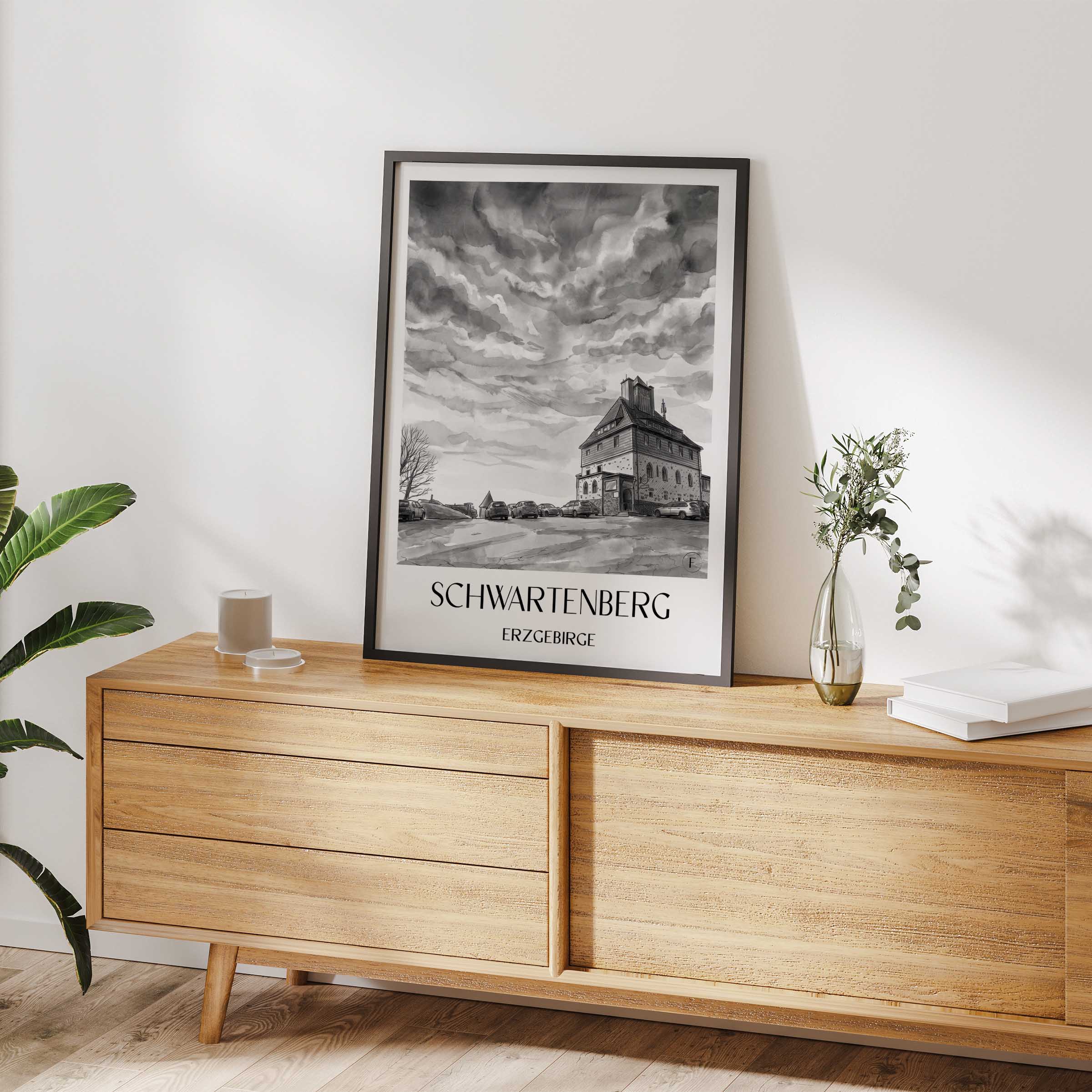 schwartenberg-erzgebirge-deutschland-poster-aquarell-schwarz-weiss