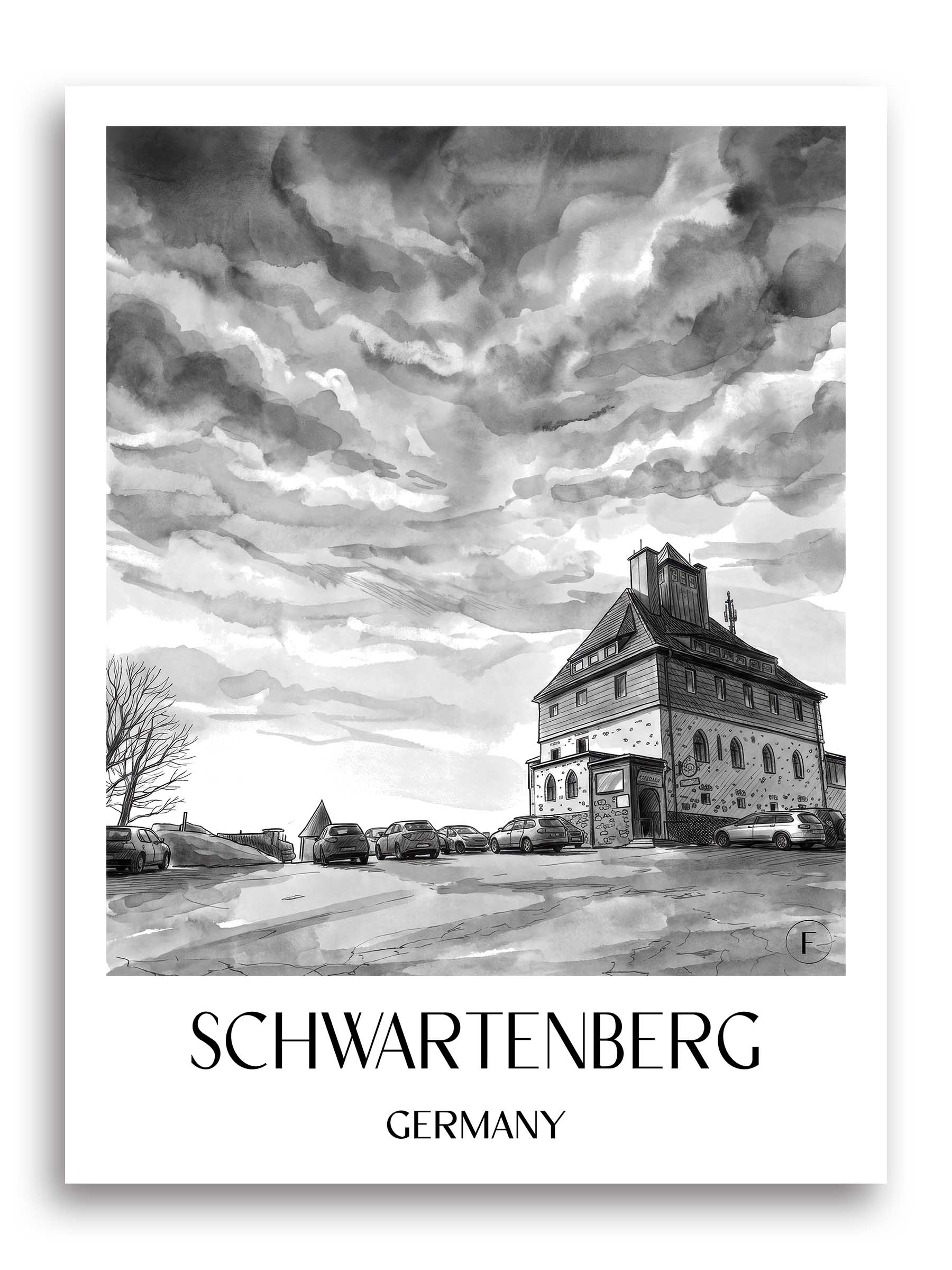 Schwartenberg Poster - Erzgebirge - Deutschland Kunstdruck - Aquarell Schwarz-Weiß von A4 bis A1