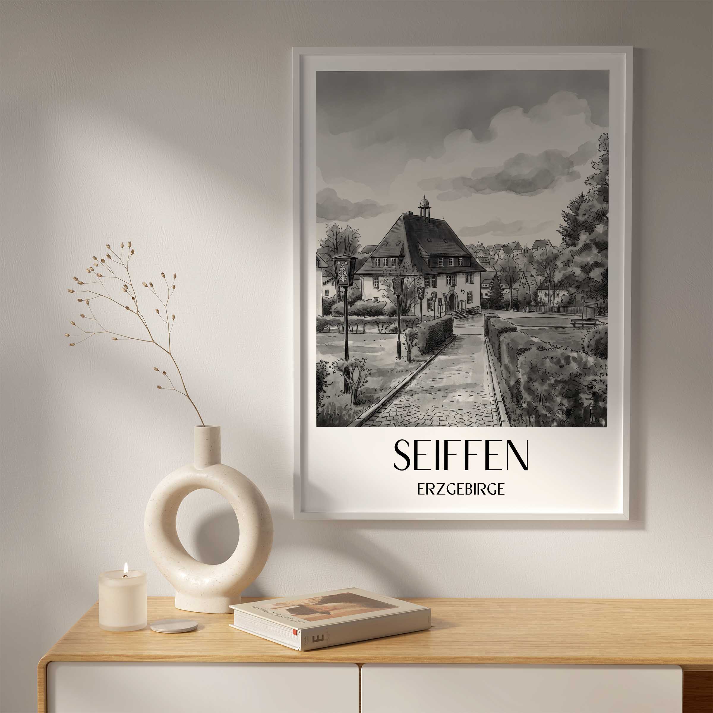 seiffen-erzgebirge-deutschland-poster-aquarell-schwarz-weiss