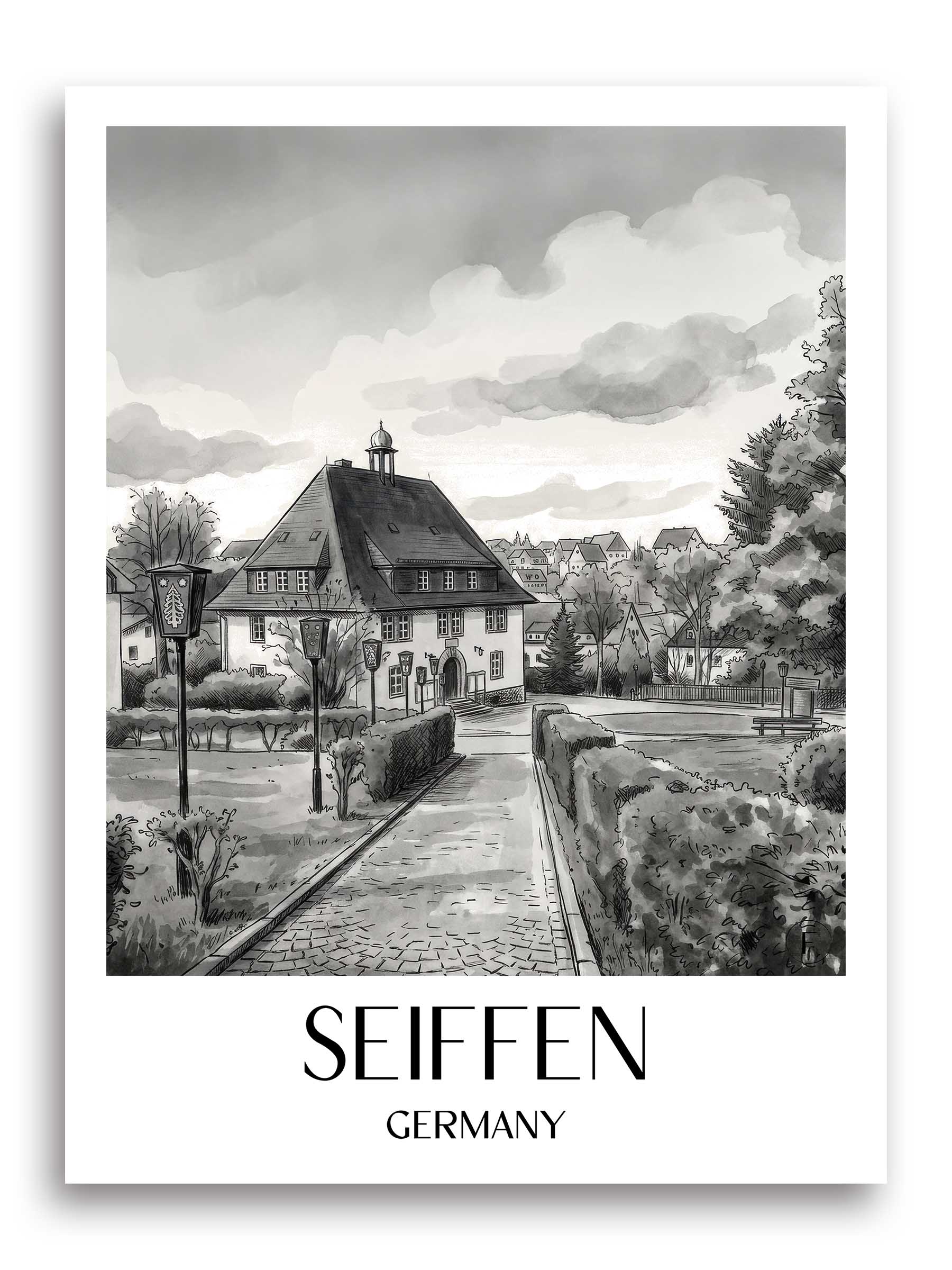 Seiffen Poster - Erzgebirge - Deutschland Kunstdruck - Aquarell Schwarz-Weiß von A4 bis A1
