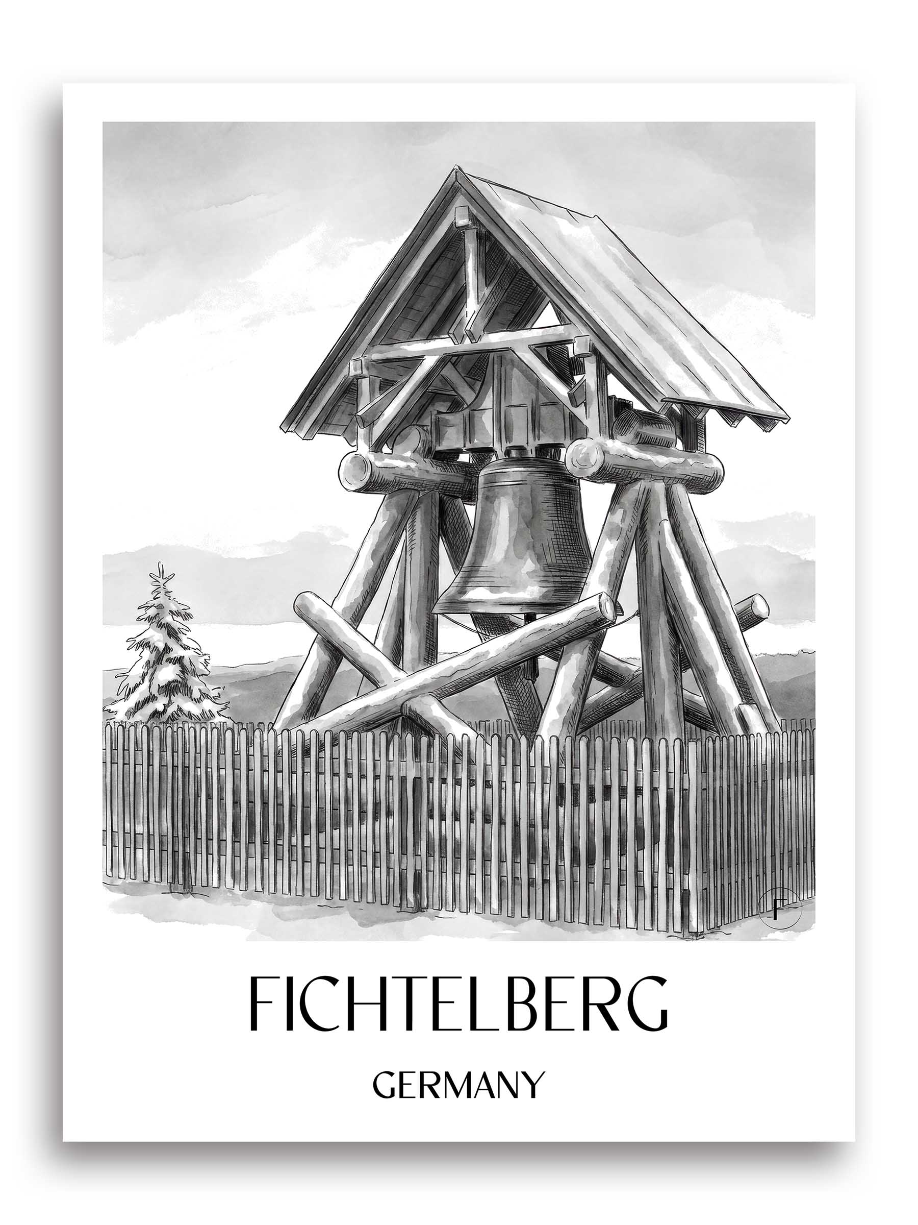 Fichtelberg Poster - Erzgebirge - Deutschland Kunstdruck - Aquarell Schwarz-Weiß von A4 bis A1