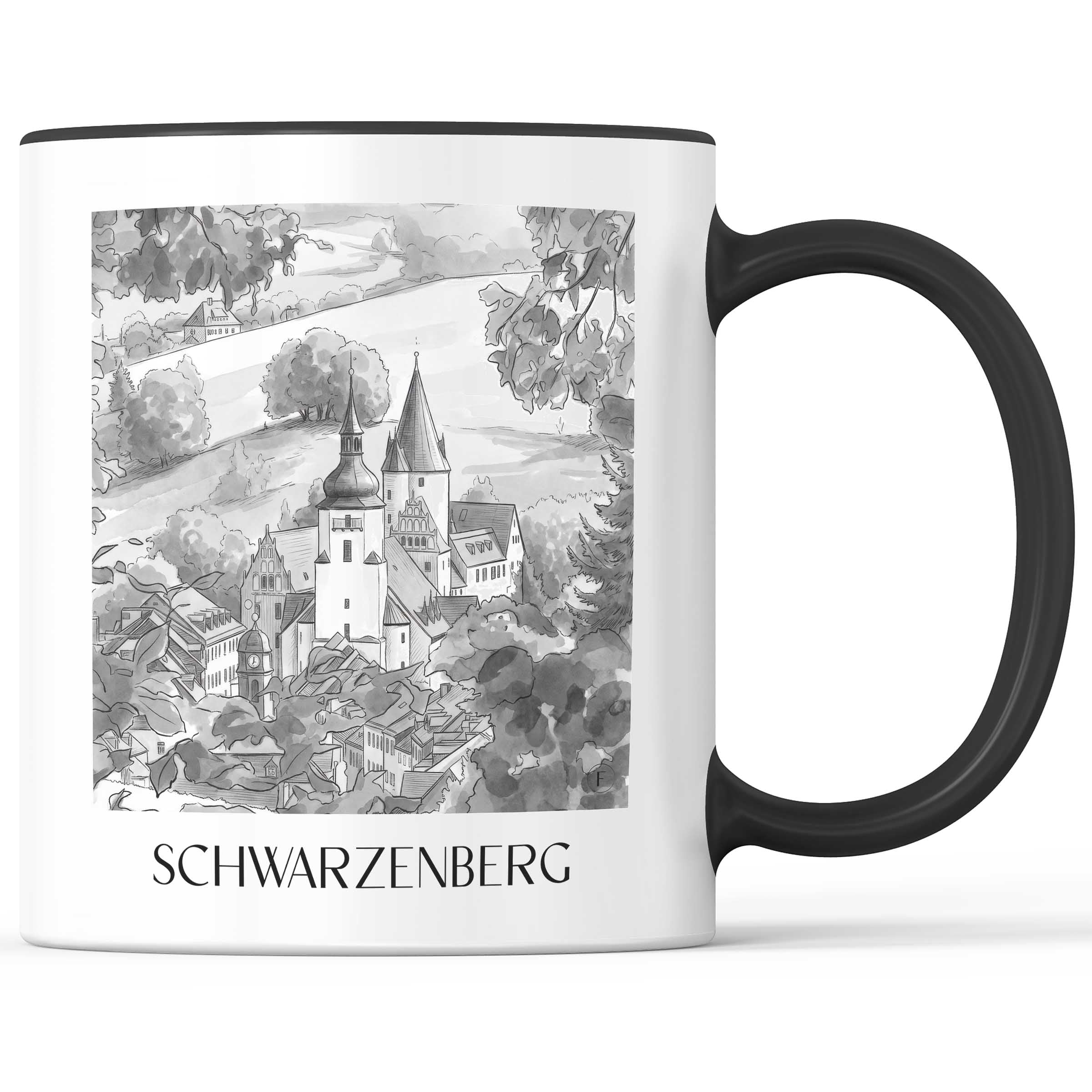 schwarzenberg-erzgebirge-deutschland-kaffeebecher-aquarell-schwarz-weiss
