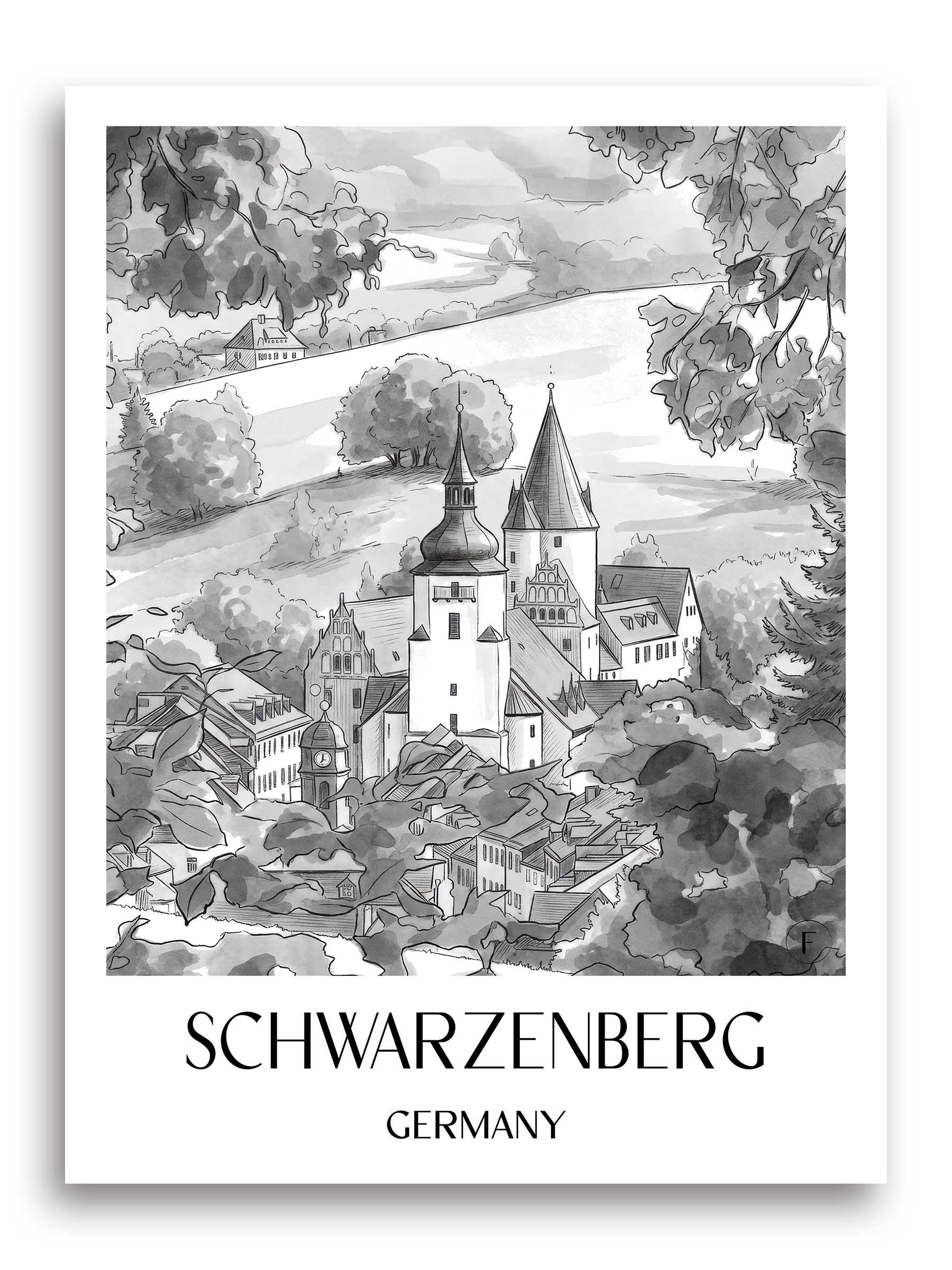 Schwarzenberg Poster - Erzgebirge - Deutschland Kunstdruck - Aquarell Schwarz-Weiß von A4 bis A1
