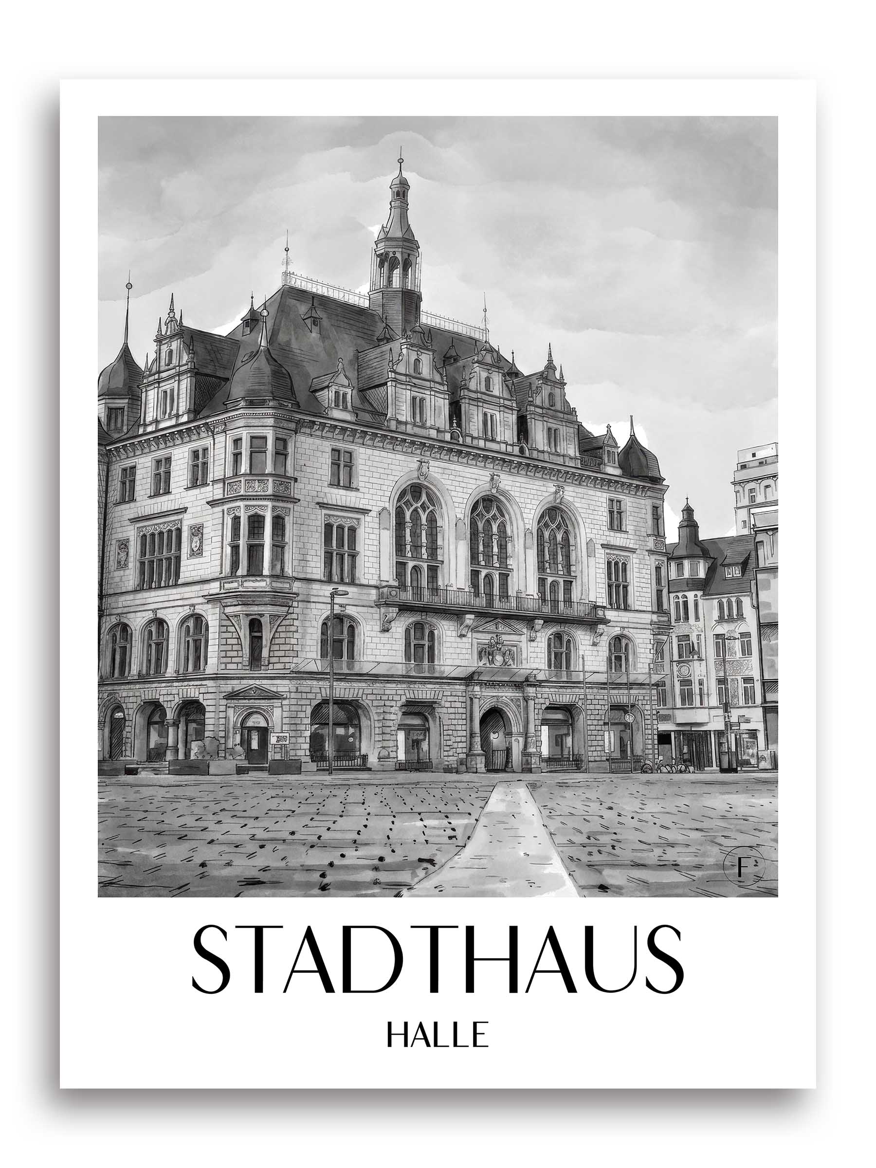 stadthaus-halle-deutschland-poster-aquarell-schwarz-weiss
