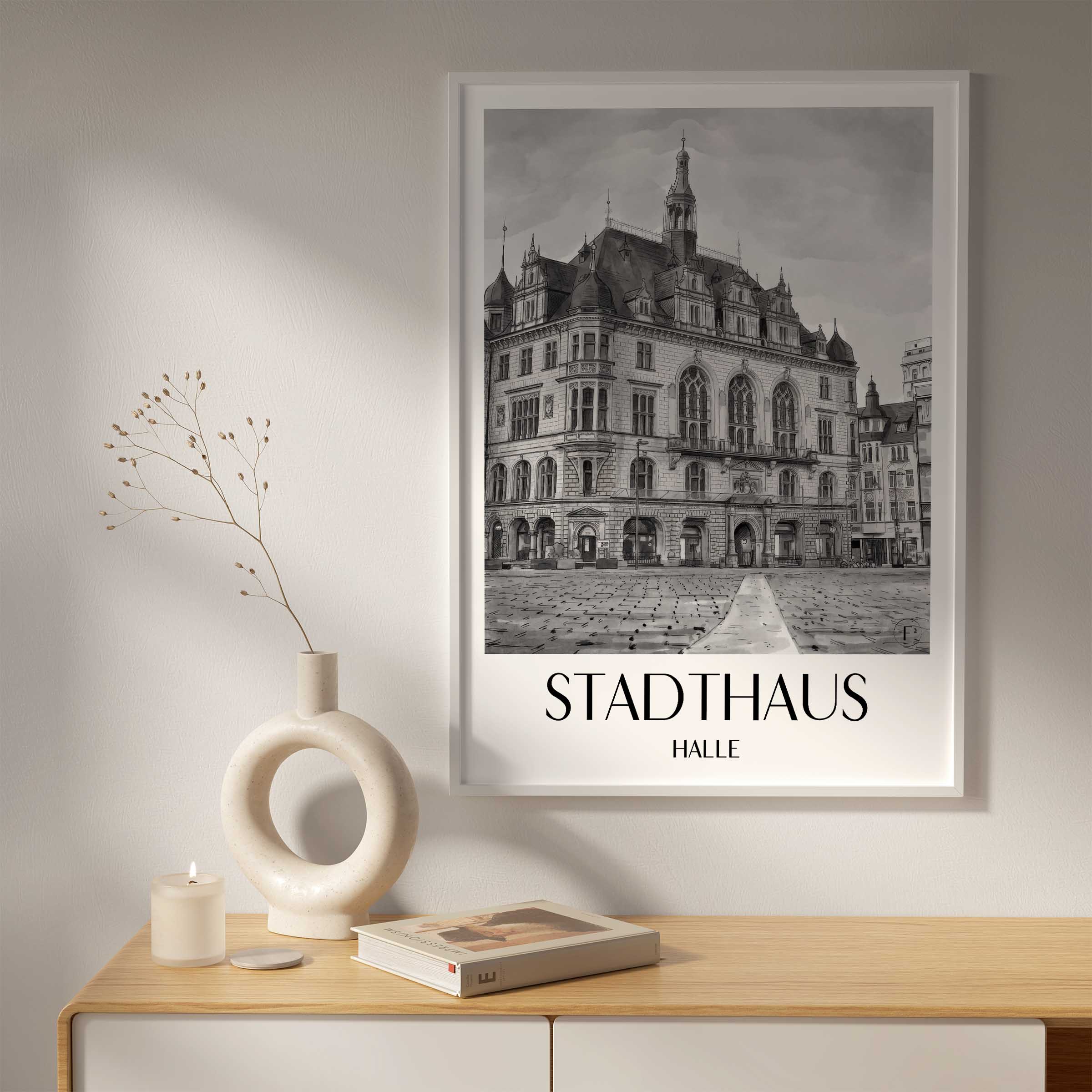 stadthaus-halle-deutschland-poster-aquarell-schwarz-weiss