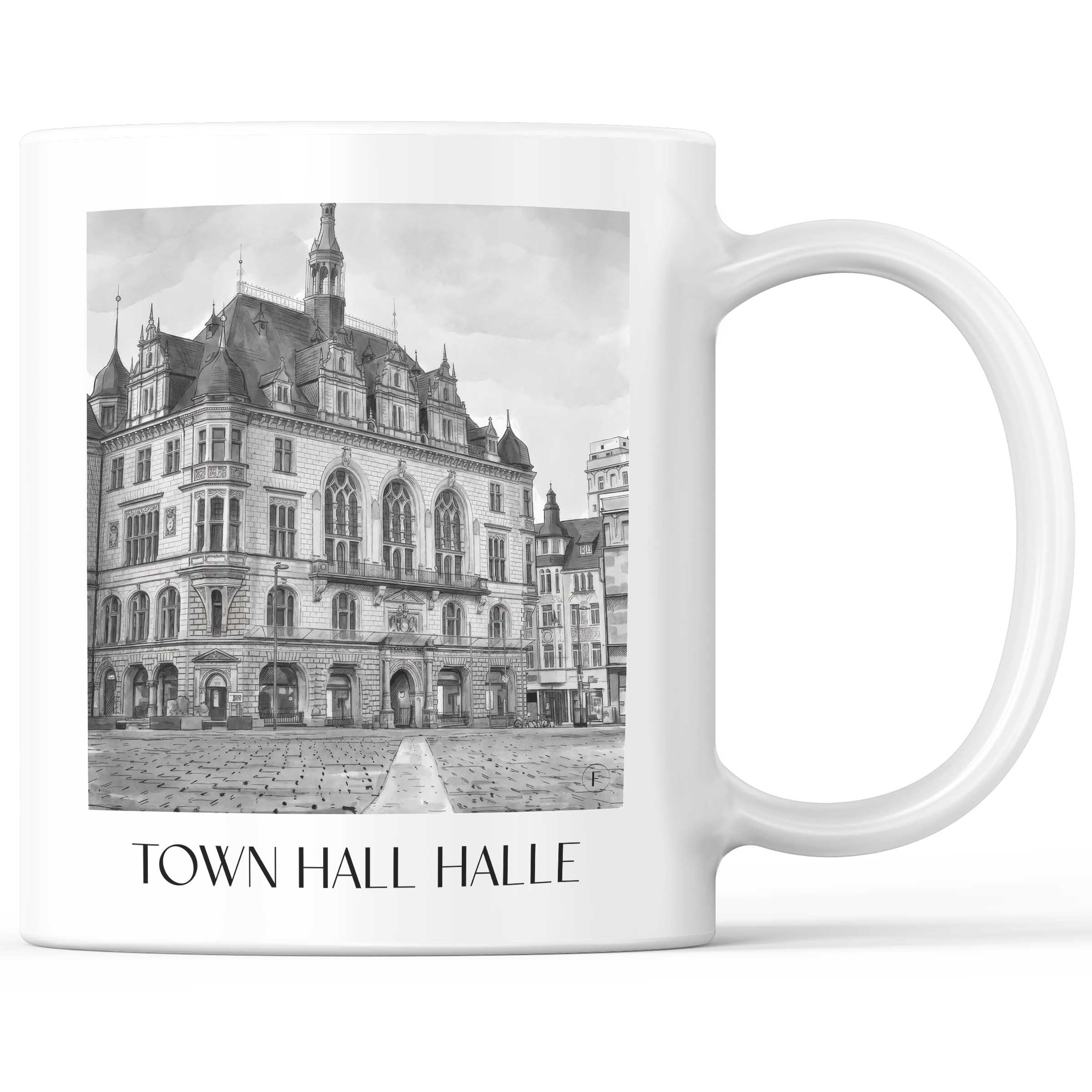 Stadthaus Kaffeebecher - Halle - Deutschland Becher - Kaffeetasse im Aquarell Schwarz-Weiß Stil