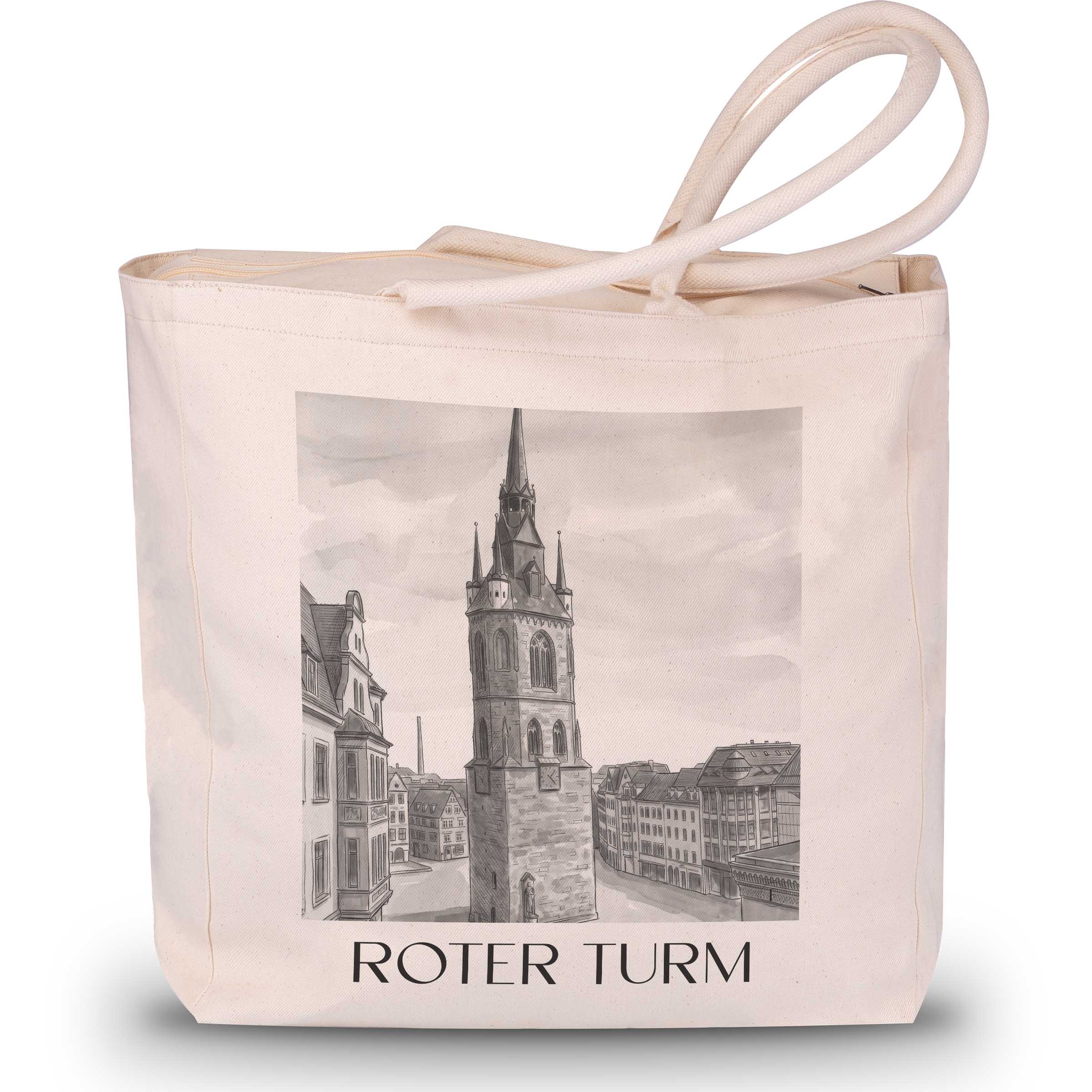 roter-turm-halle-deutschland-einkaufstasche-aquarell-schwarz-weiss