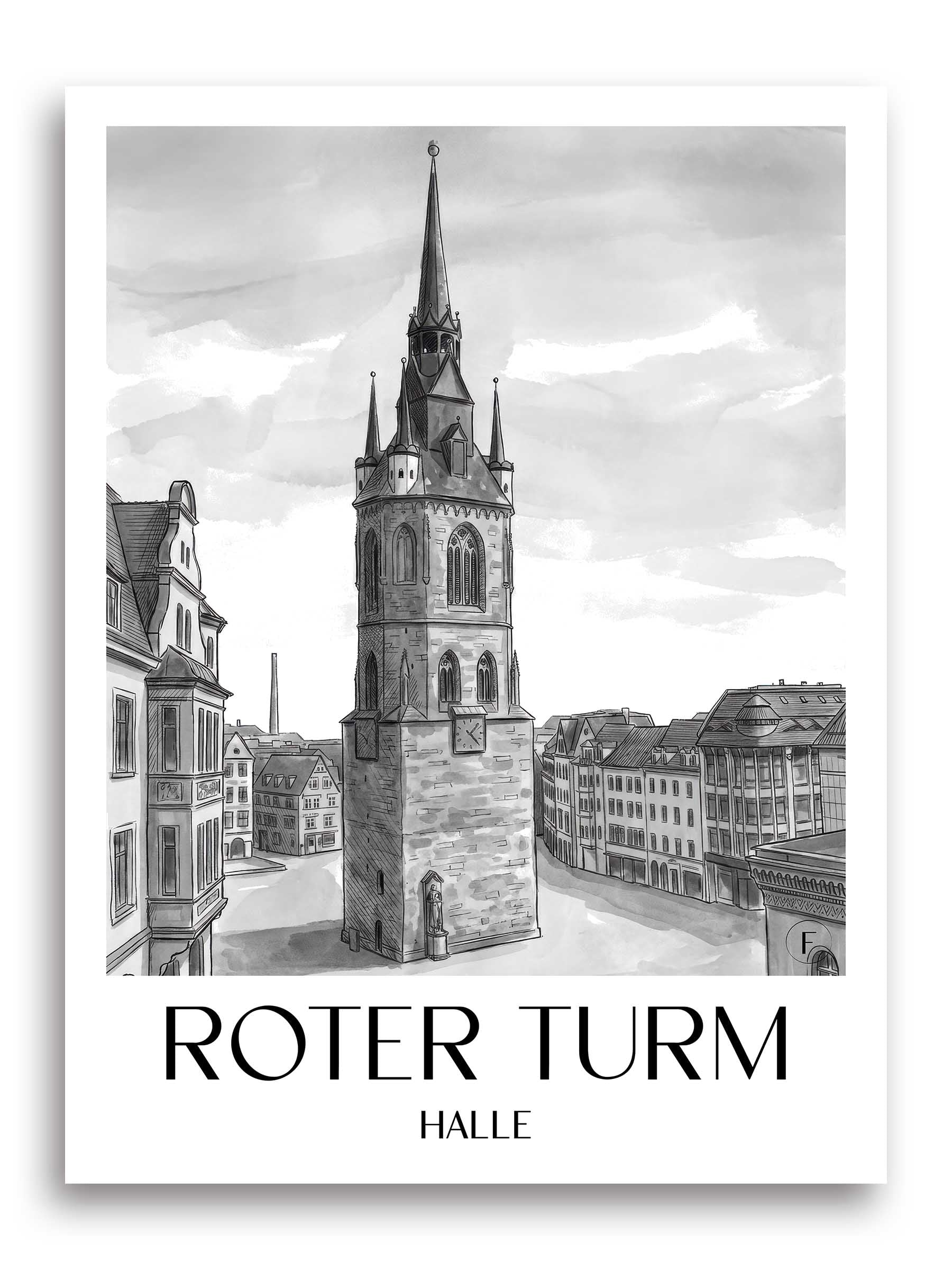 roter-turm-halle-deutschland-poster-aquarell-schwarz-weiss